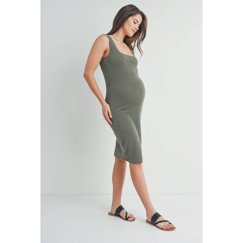 Olive Square Neck Fitted Maternity Ribbed Midi Dress