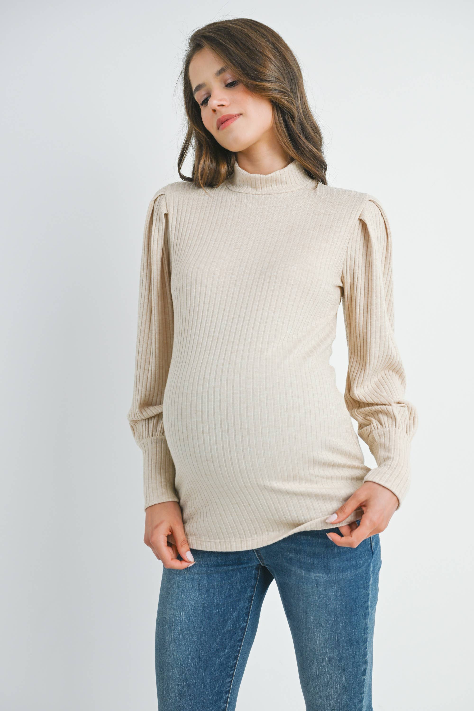 Oatmeal Ribbed Mock Neck Puff Sleeve Maternity Top