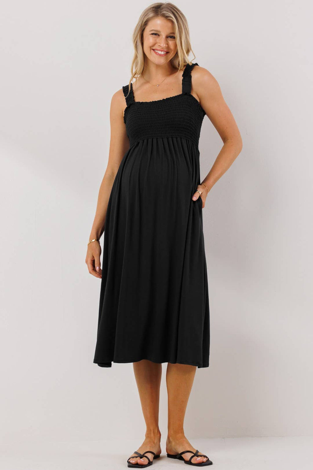 Black Smocked Sleeveless Midi dress