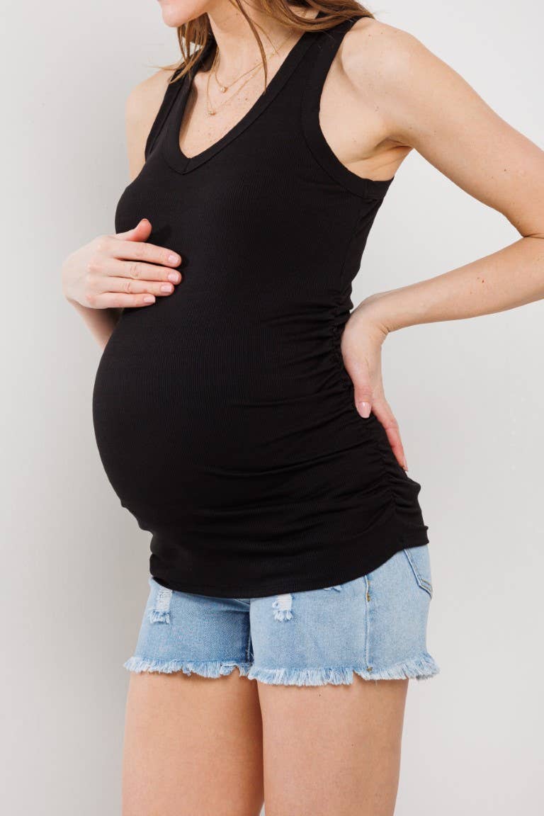 Black Ruched V-Neck Maternity Ribbed Tank Top