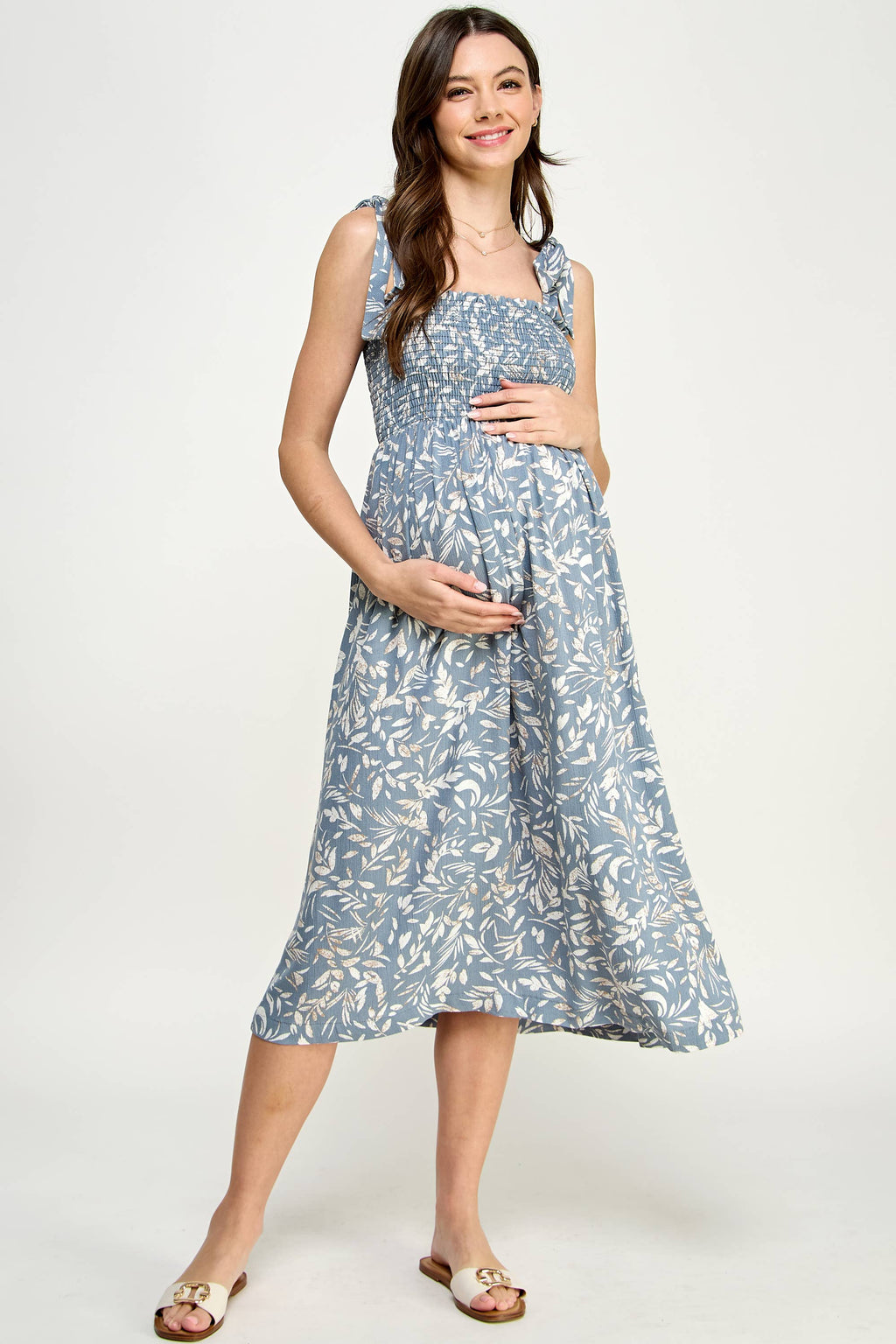 Light Blue Smocked Sleeveless Maternity Midi Dress