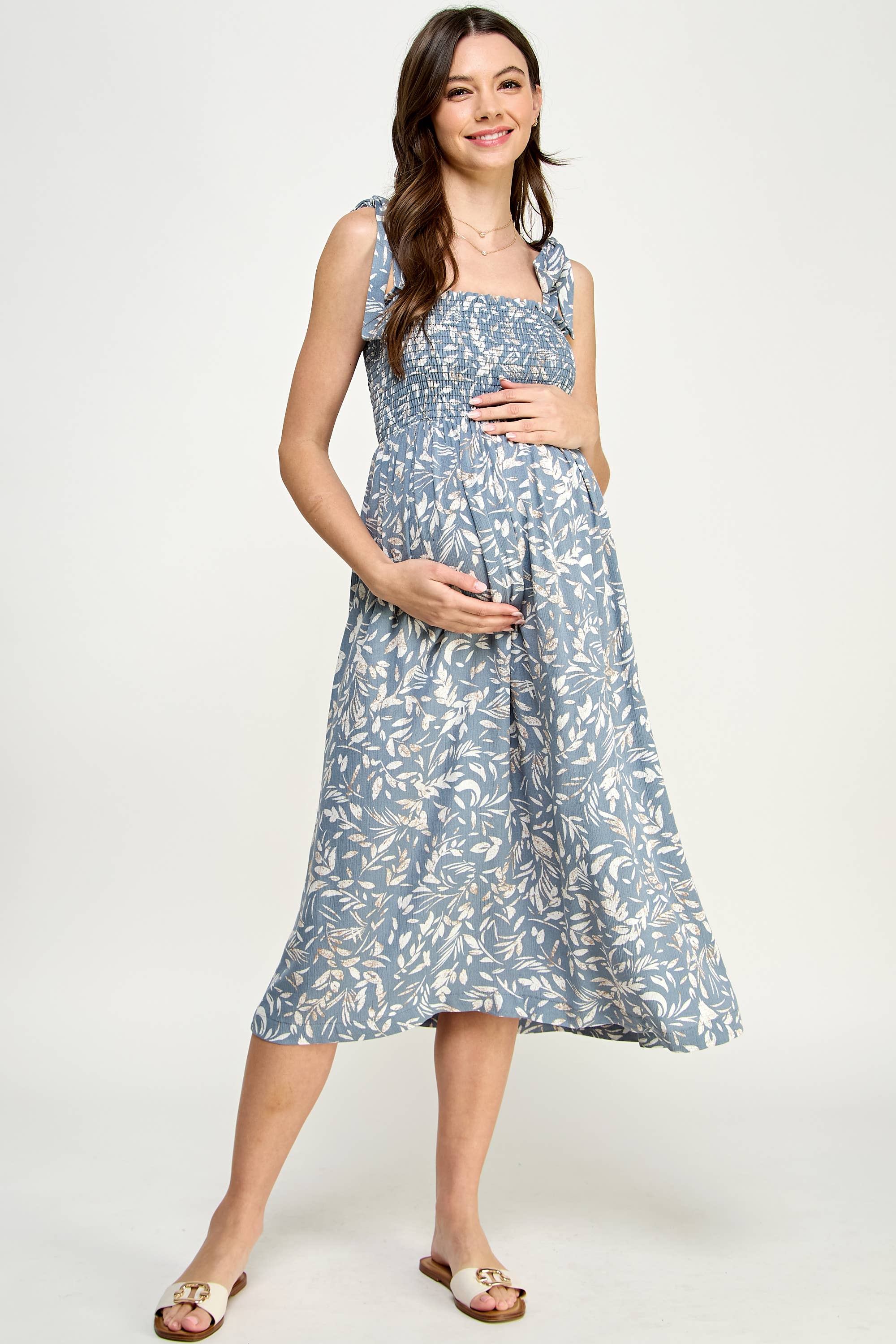 Light Blue Smocked Sleeveless Maternity Midi Dress