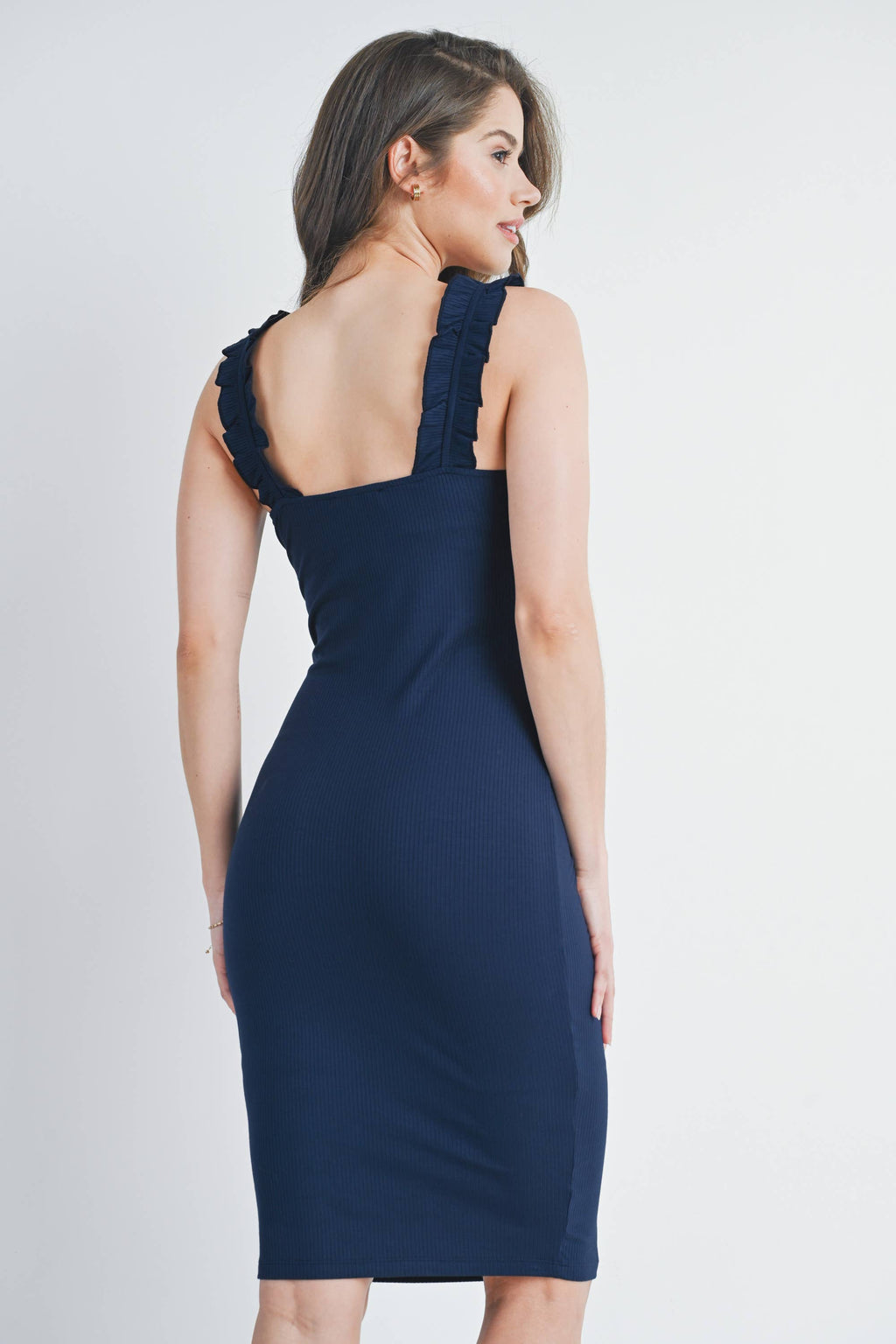 Navy Ribbed Ruffle-Strap Maternity Bodycon Dress