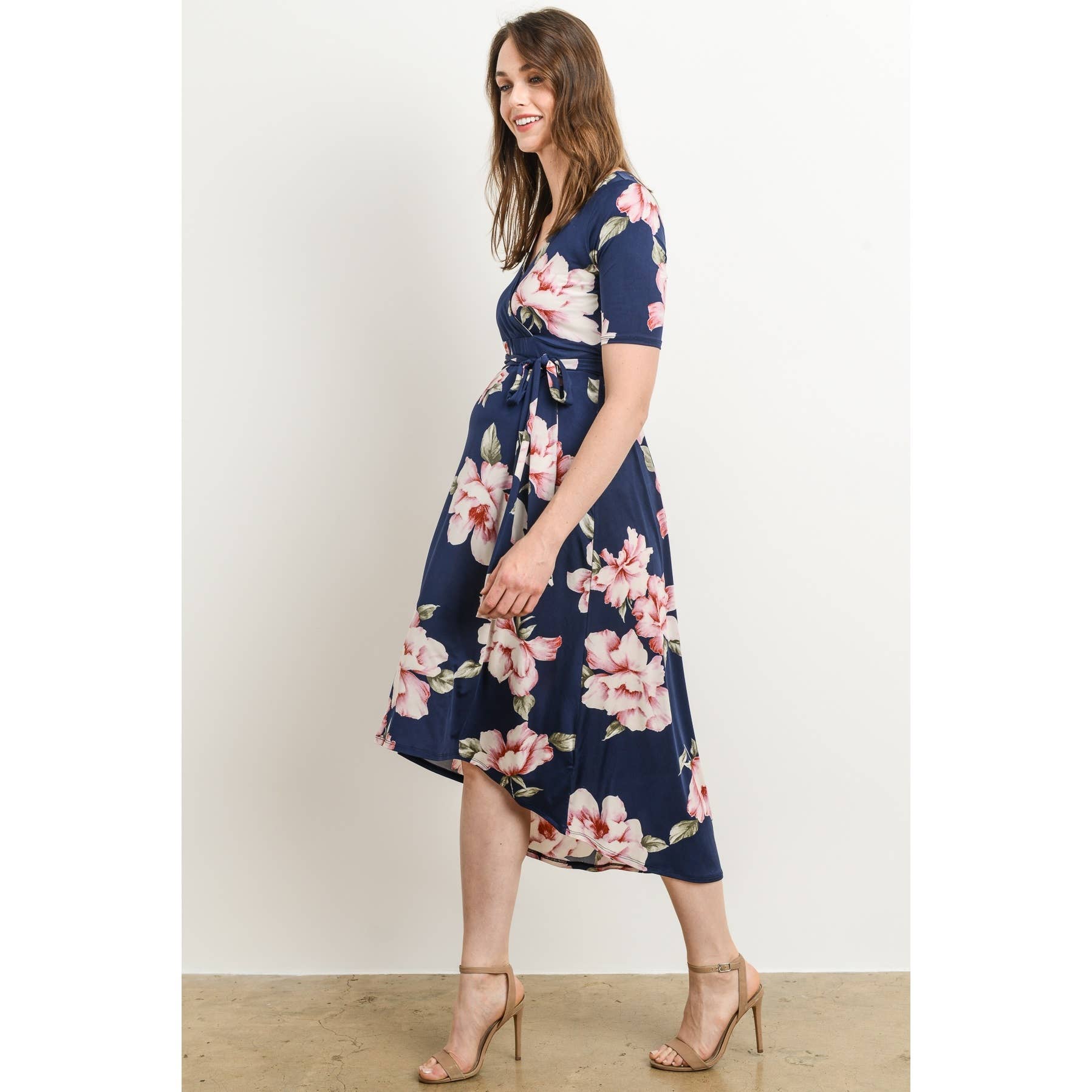 Navy Blue Floral High-Low Nursing Surplice Dress