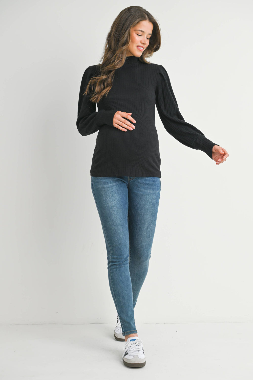 Black Ribbed Mock Neck Puff Sleeve Maternity Top