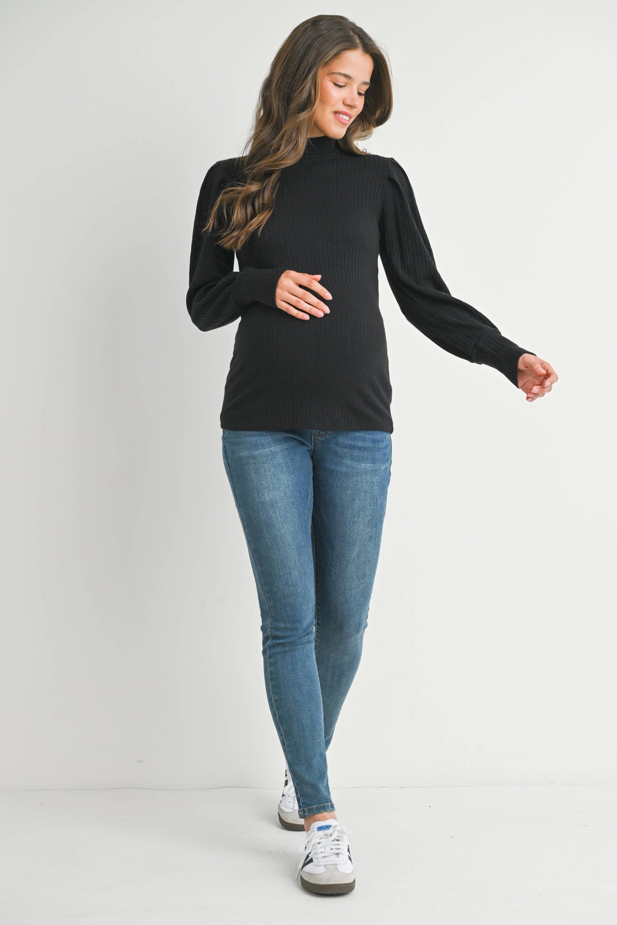Black Ribbed Mock Neck Puff Sleeve Maternity Top