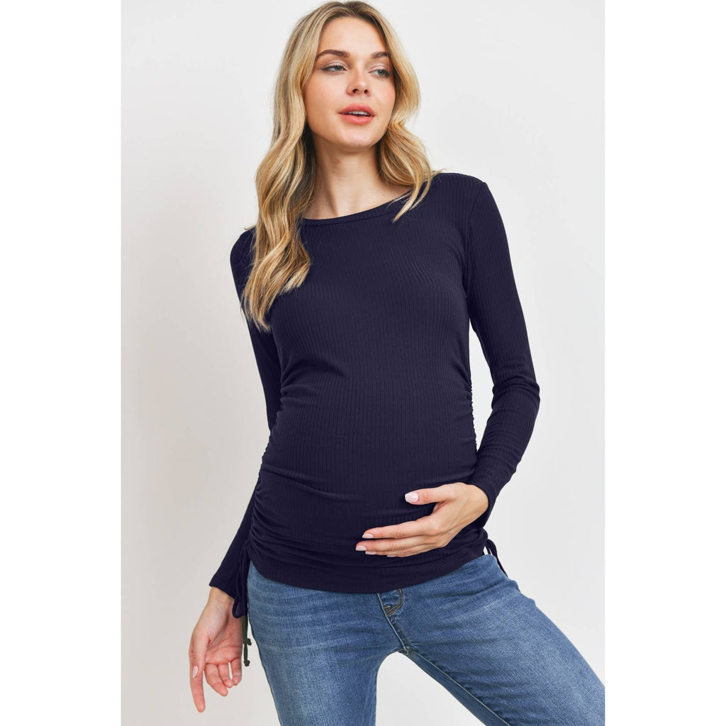 Black Ribbed Adjustable Ruching with Tie Long Sleeve Top