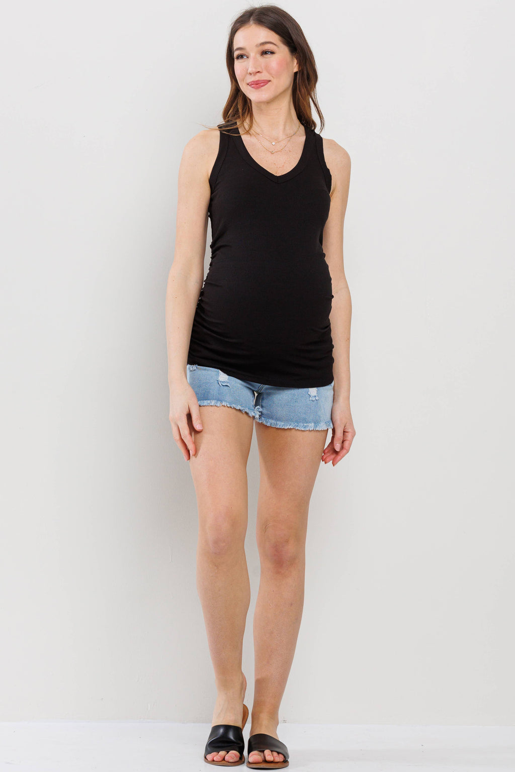 Black Ruched V-Neck Maternity Ribbed Tank Top