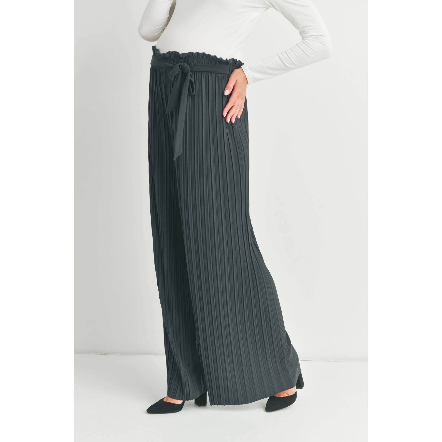 Grey Pleated Maternity Wide Leg Pants with Belt Tie