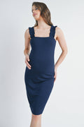 Navy Ribbed Ruffle-Strap Maternity Bodycon Dress