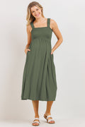 Olive Smocked Sleeveless Maternity Midi Dress