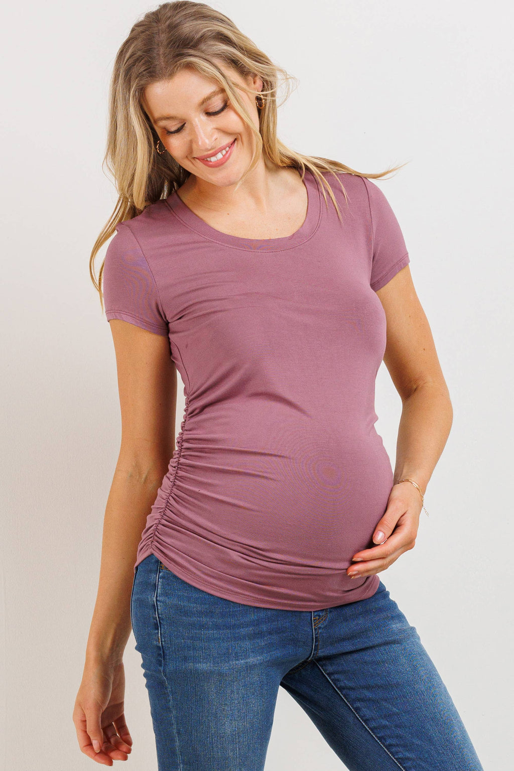 Mauve Ruched Short-Sleeve Maternity T-Shirt