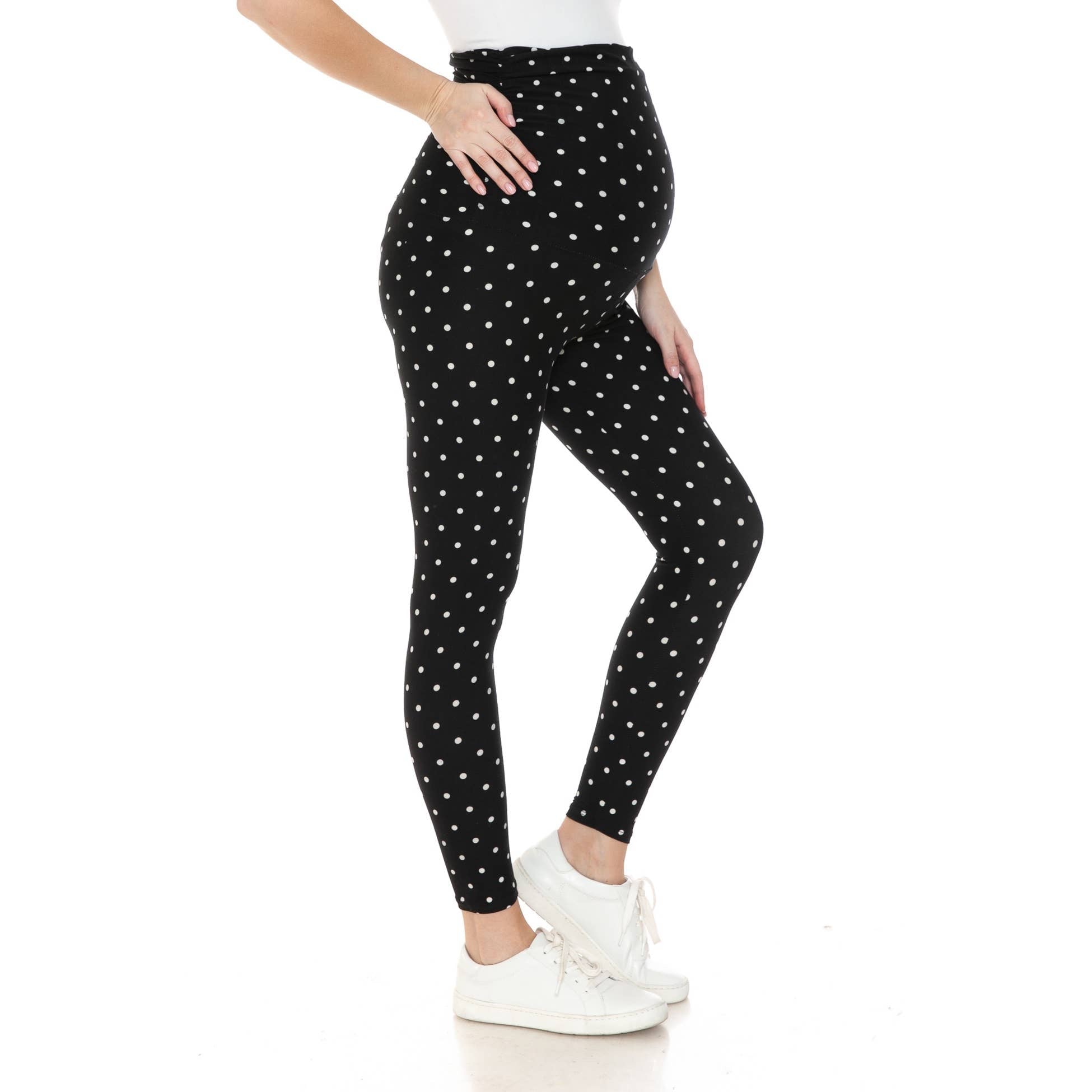 Black Polka Dot Buttery Soft Full Length Ruched Maternity Leggings