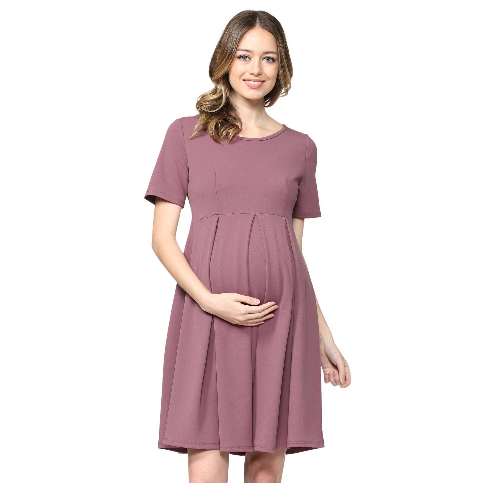 Mauve Solid Round Neck Pleated Maternity Dress