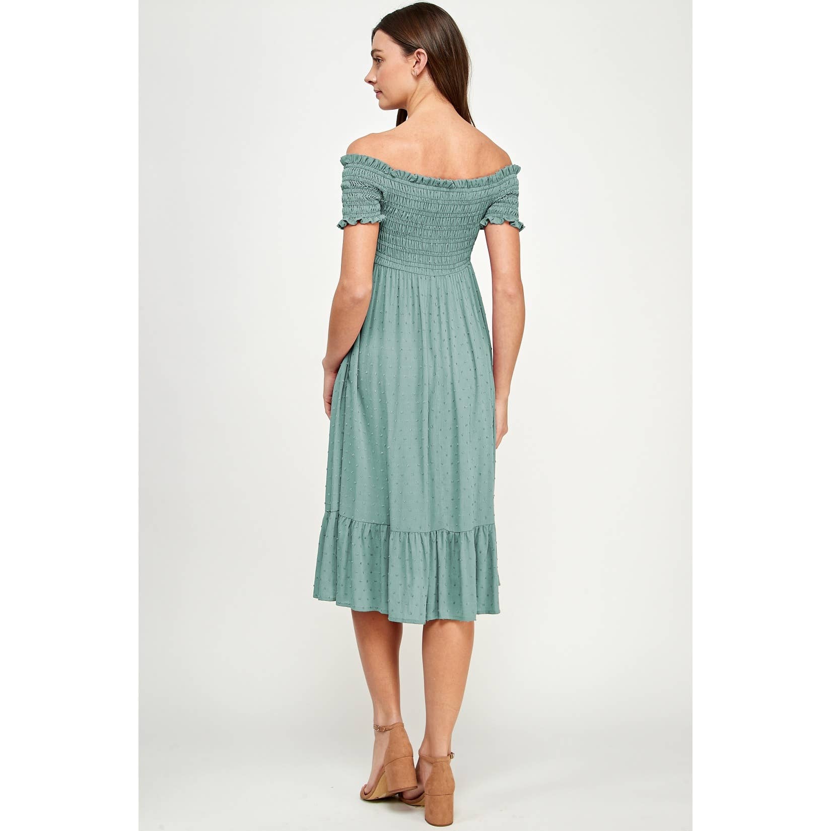 Sage Smocked Off The Shoulder Maternity Midi Dress