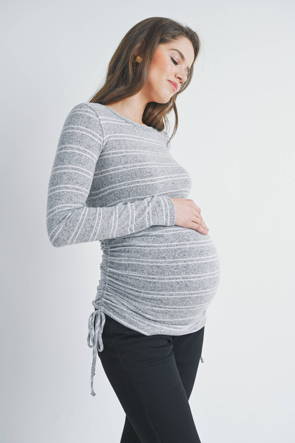 Gray/Ivory Striped Ruched Maternity Long Sleeve Knit Top