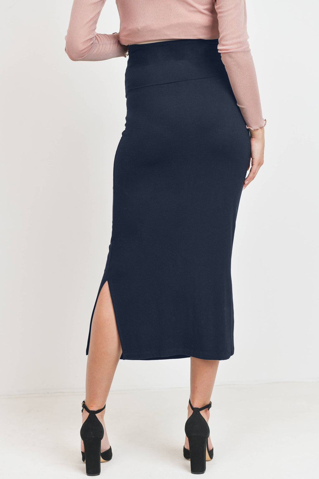 Black High-Waisted Maternity Midi Slit Skirt