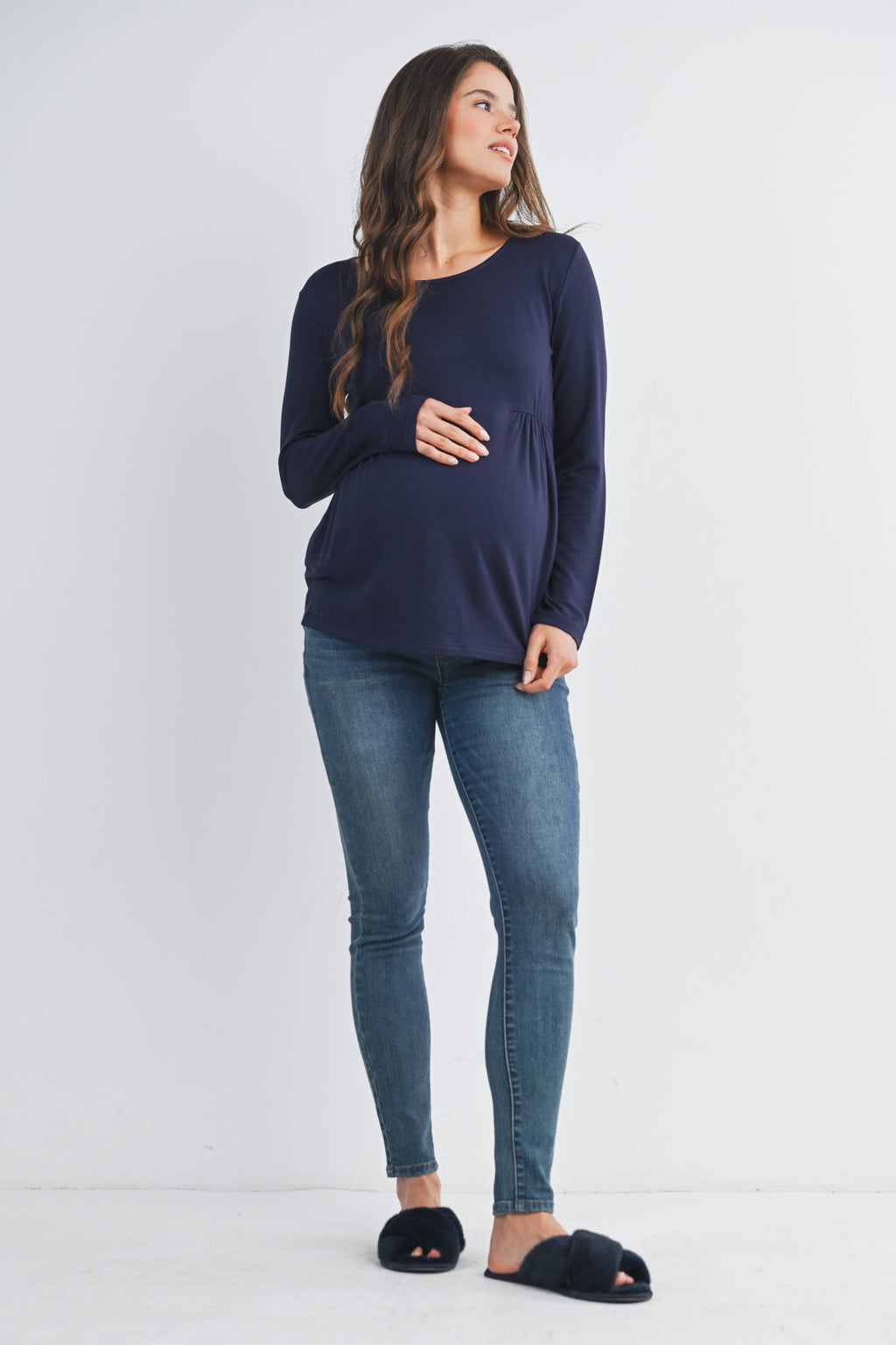Navy French Terry Long Sleeve Scoop Neck Maternity Top