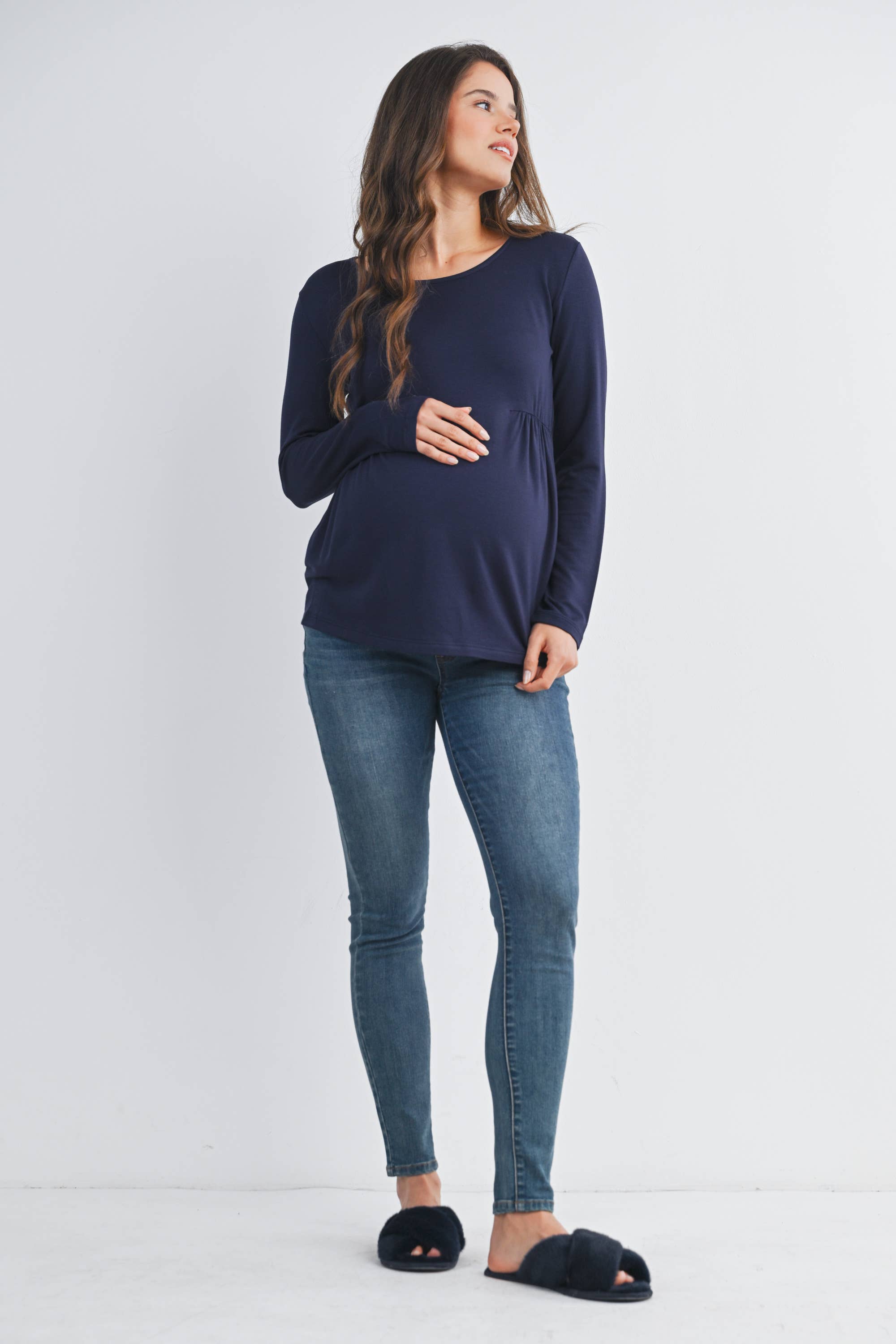 Navy French Terry Long Sleeve Scoop Neck Maternity Top