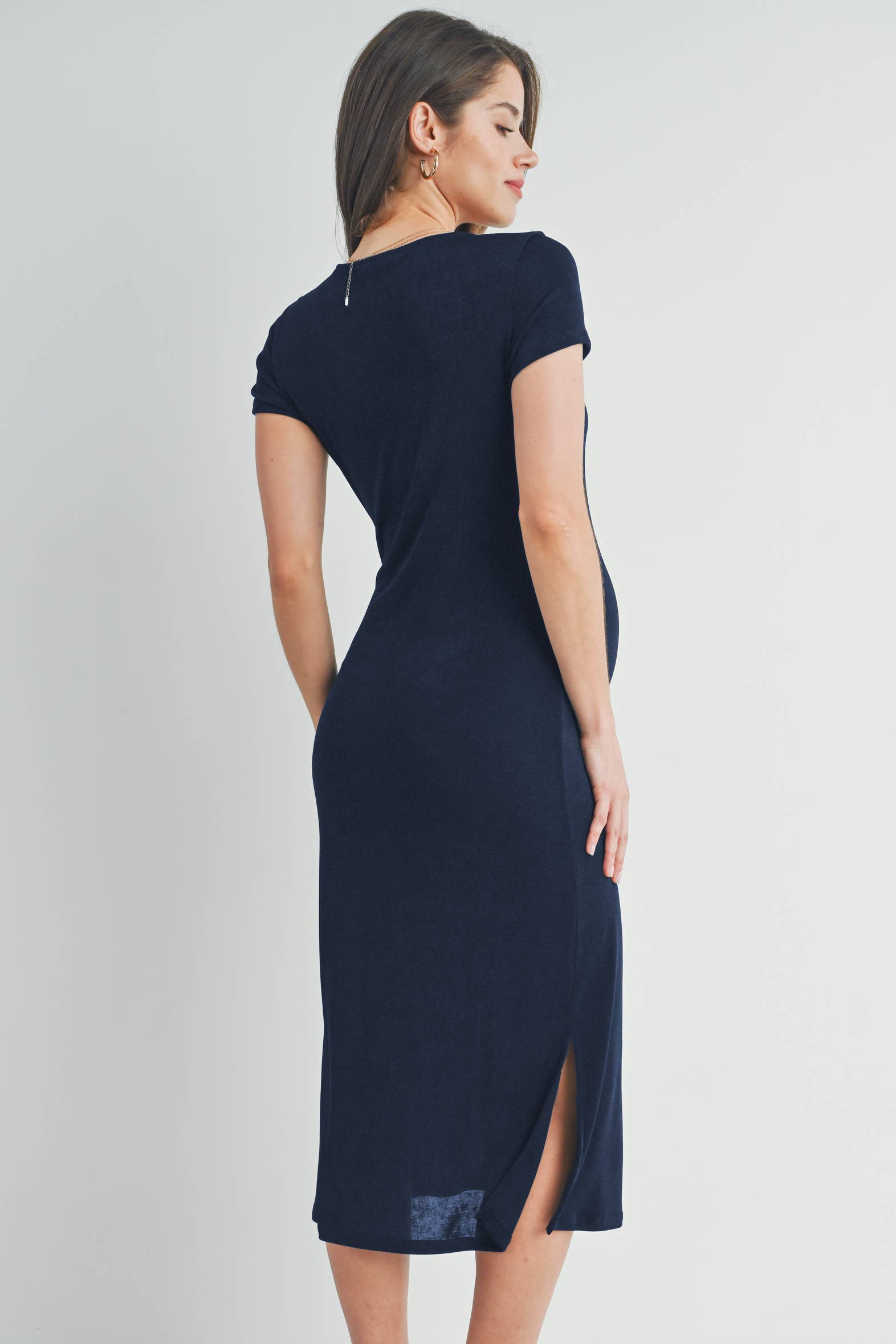 Black Round Neck Double Slit Maternity Midi Dress