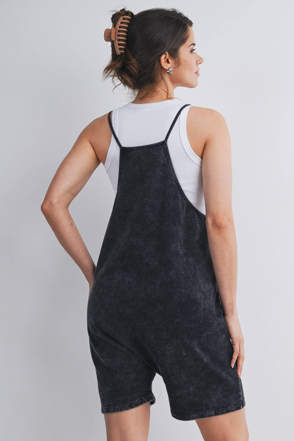 Washed Black Maternity Romper with Adjustable Strap