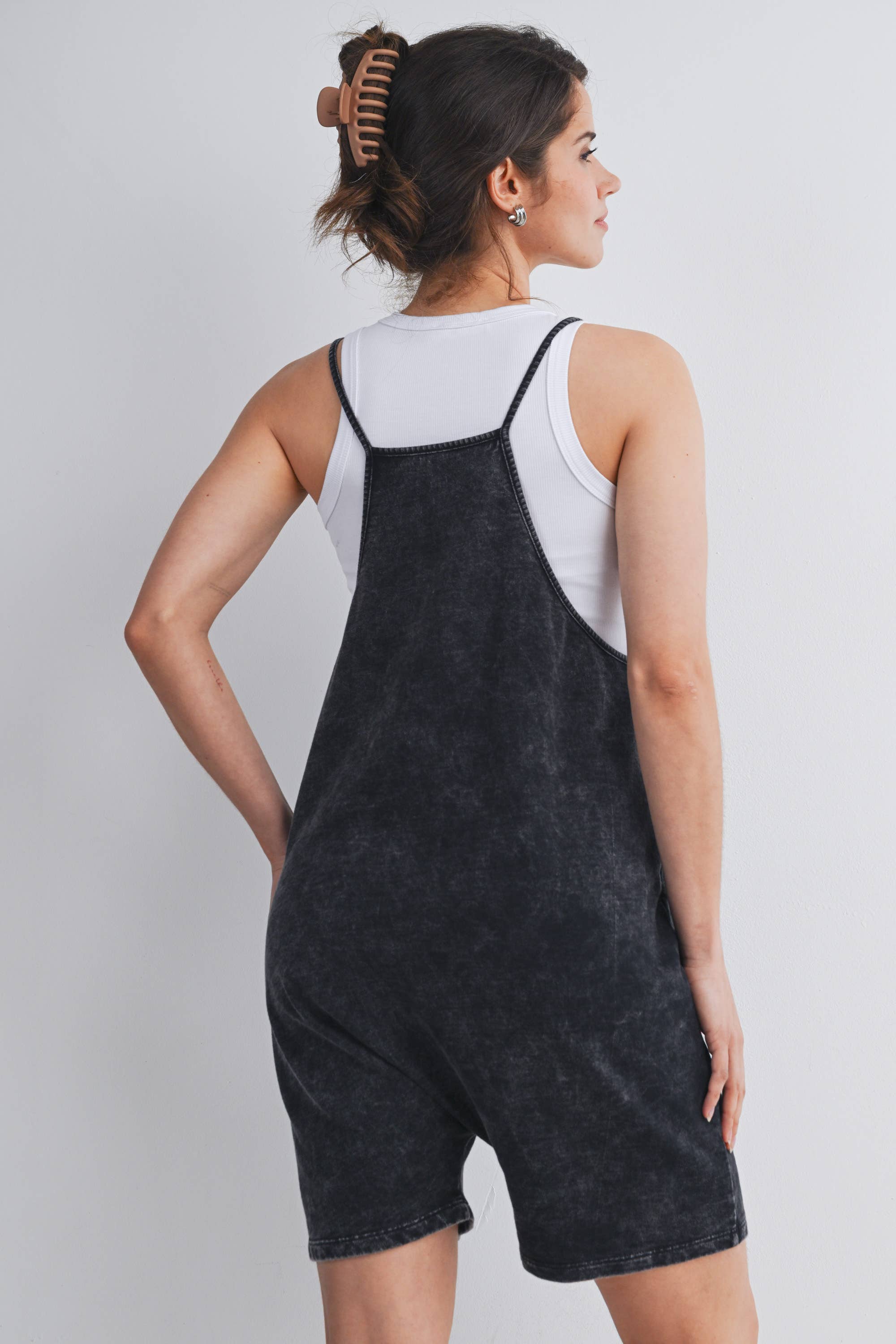 Washed Black Maternity Romper with Adjustable Strap