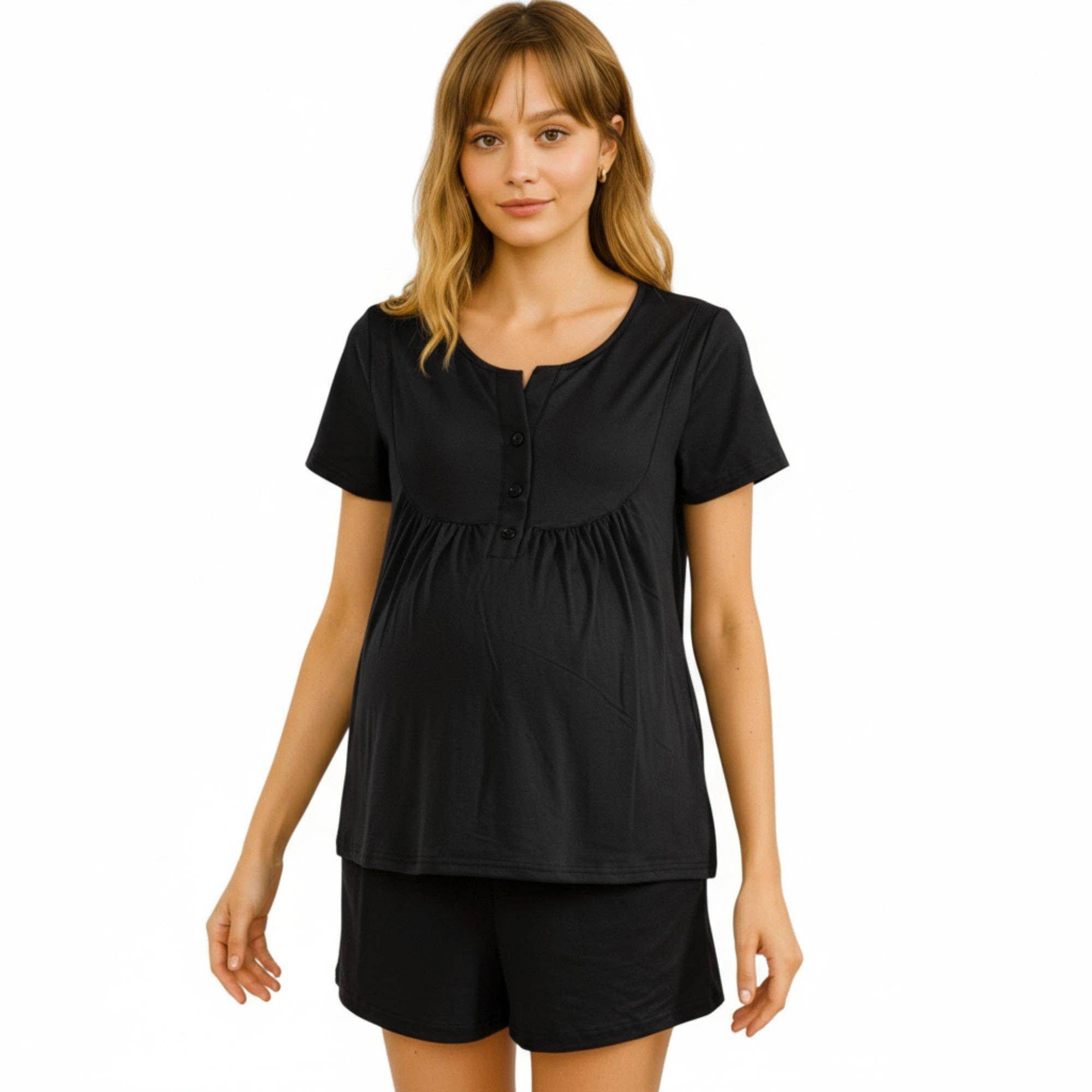 Black 2-Piece Maternity Pajama Set with Short Sleeve Henley Top