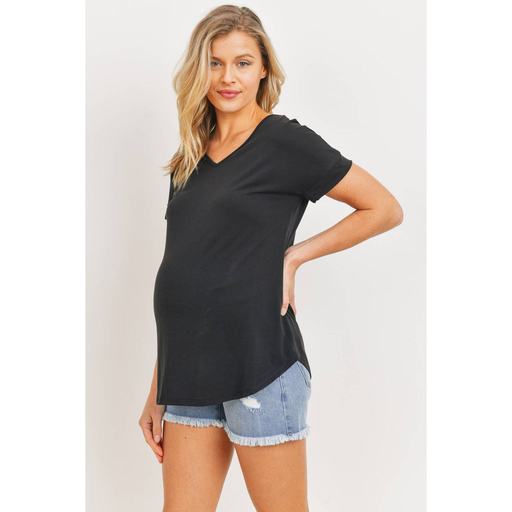 Black V-Neck Open Back Short Sleeve Maternity T-Shirt