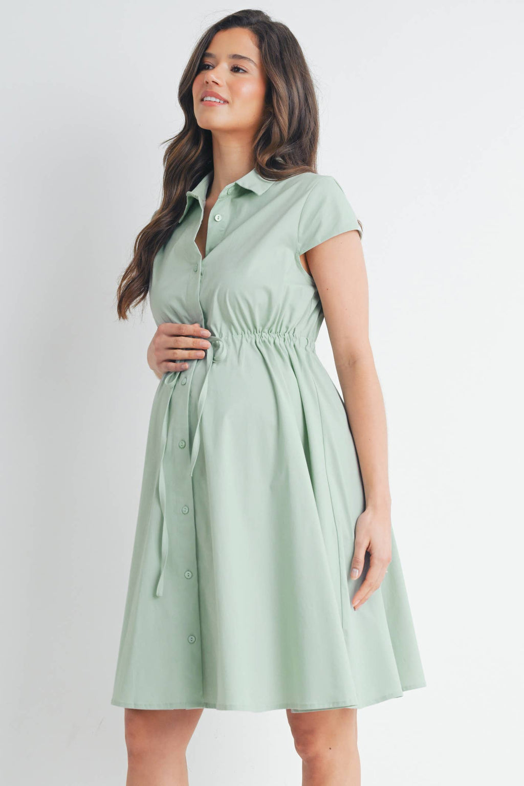 Sage Button Up Short Sleeve Maternity Shirt Dress