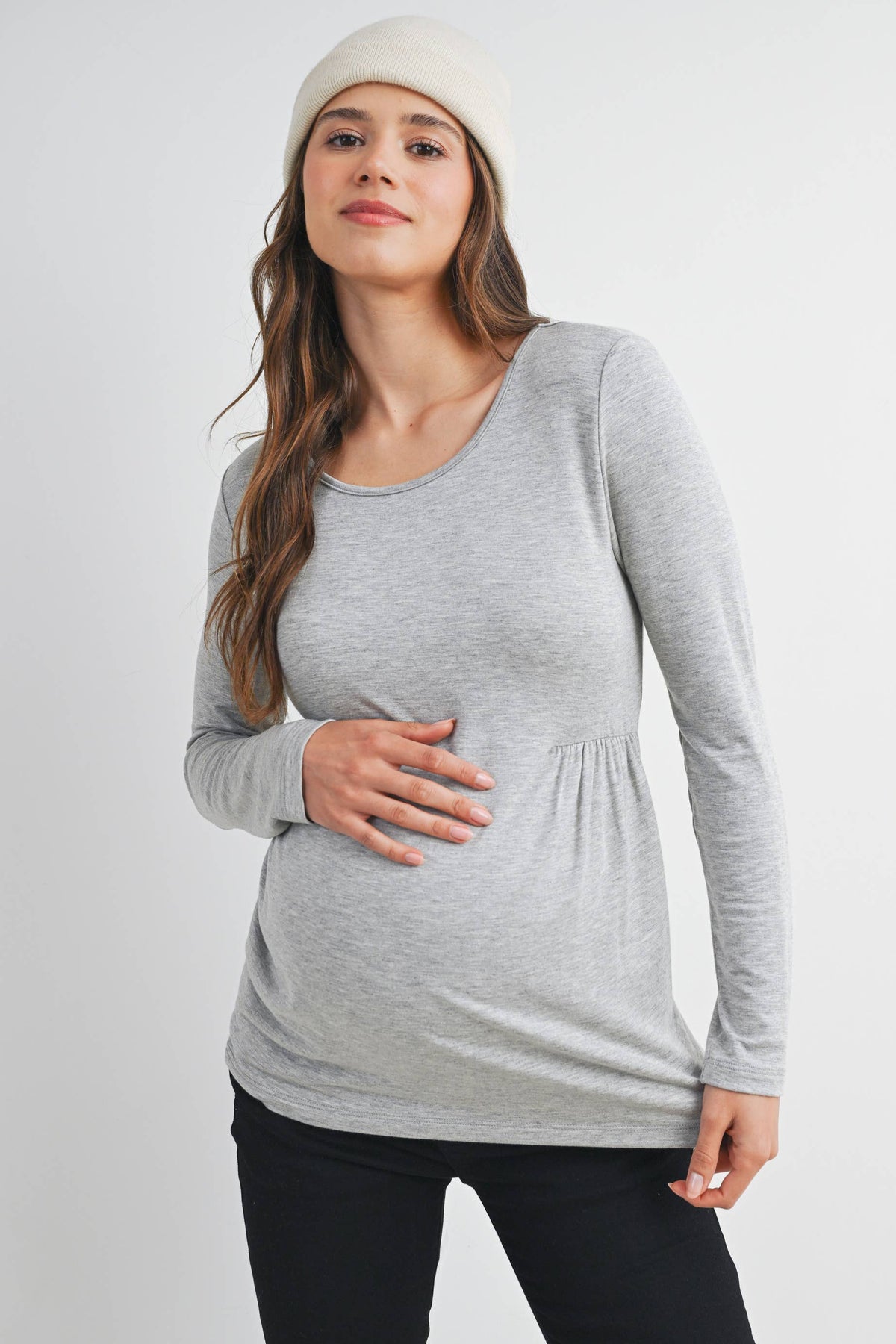 Heather Grey French Terry Long Sleeve Scoop Neck Maternity Top