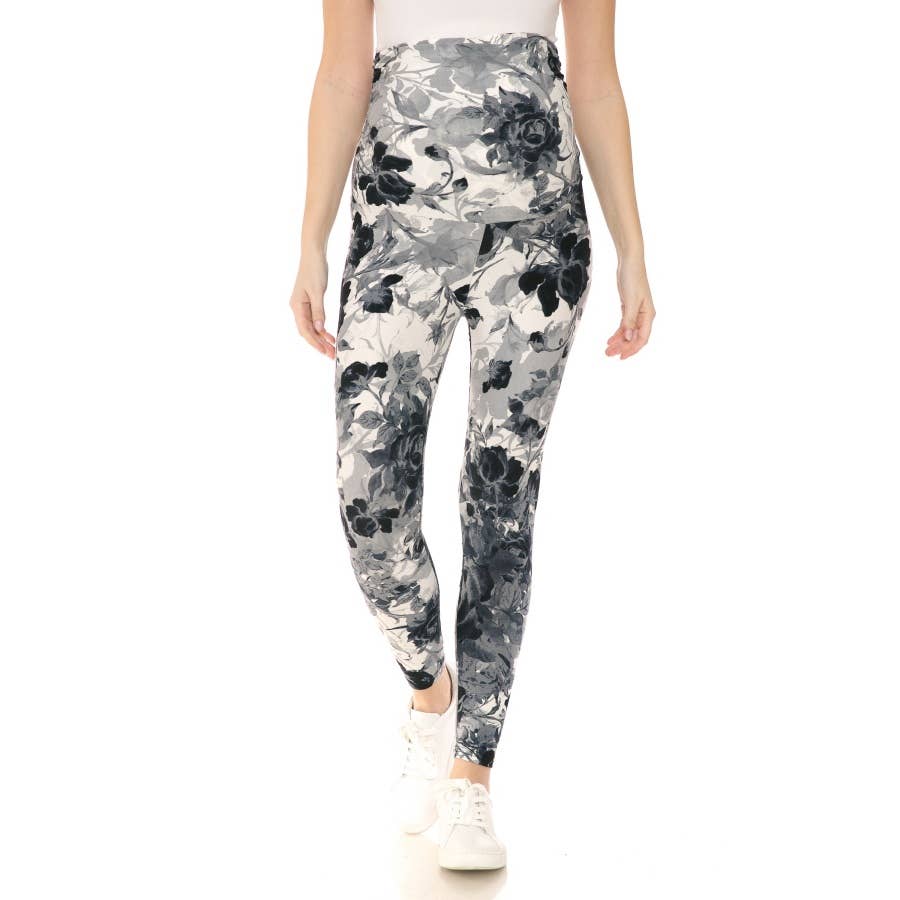 White/Black Floral Buttery Soft Full Length Ruched Maternity Leggings