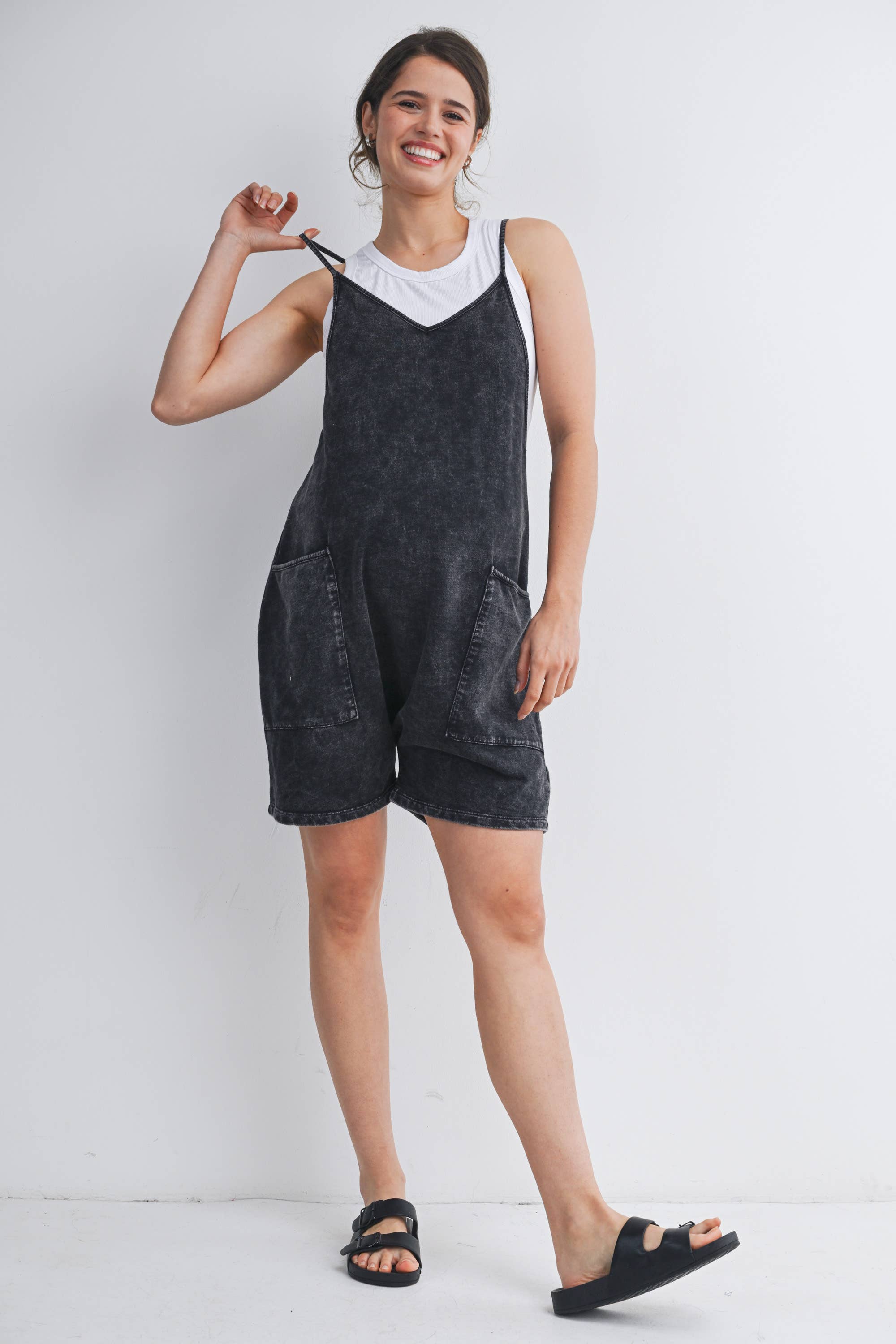 Washed Black Maternity Romper with Adjustable Strap