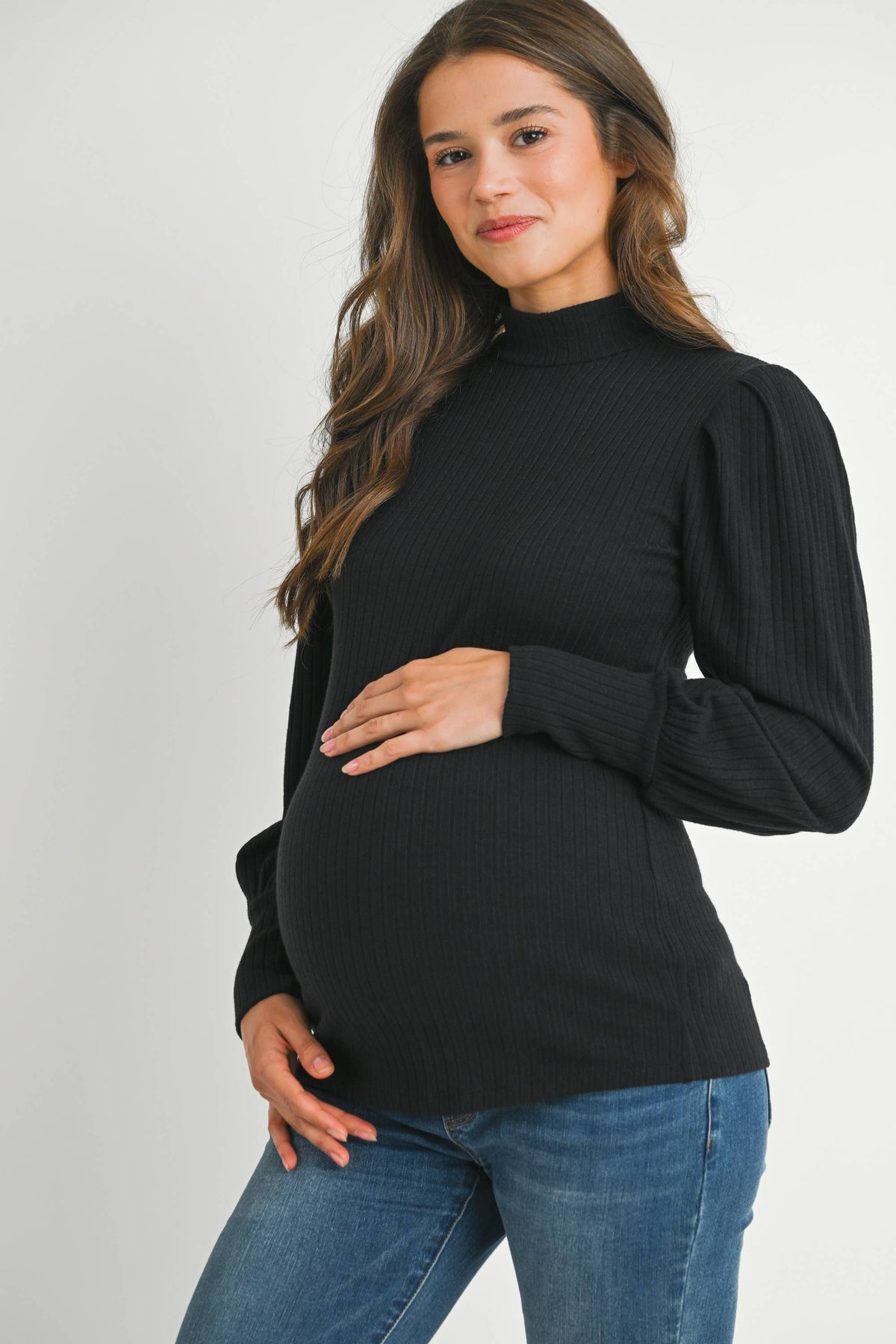 Black Ribbed Mock Neck Puff Sleeve Maternity Top