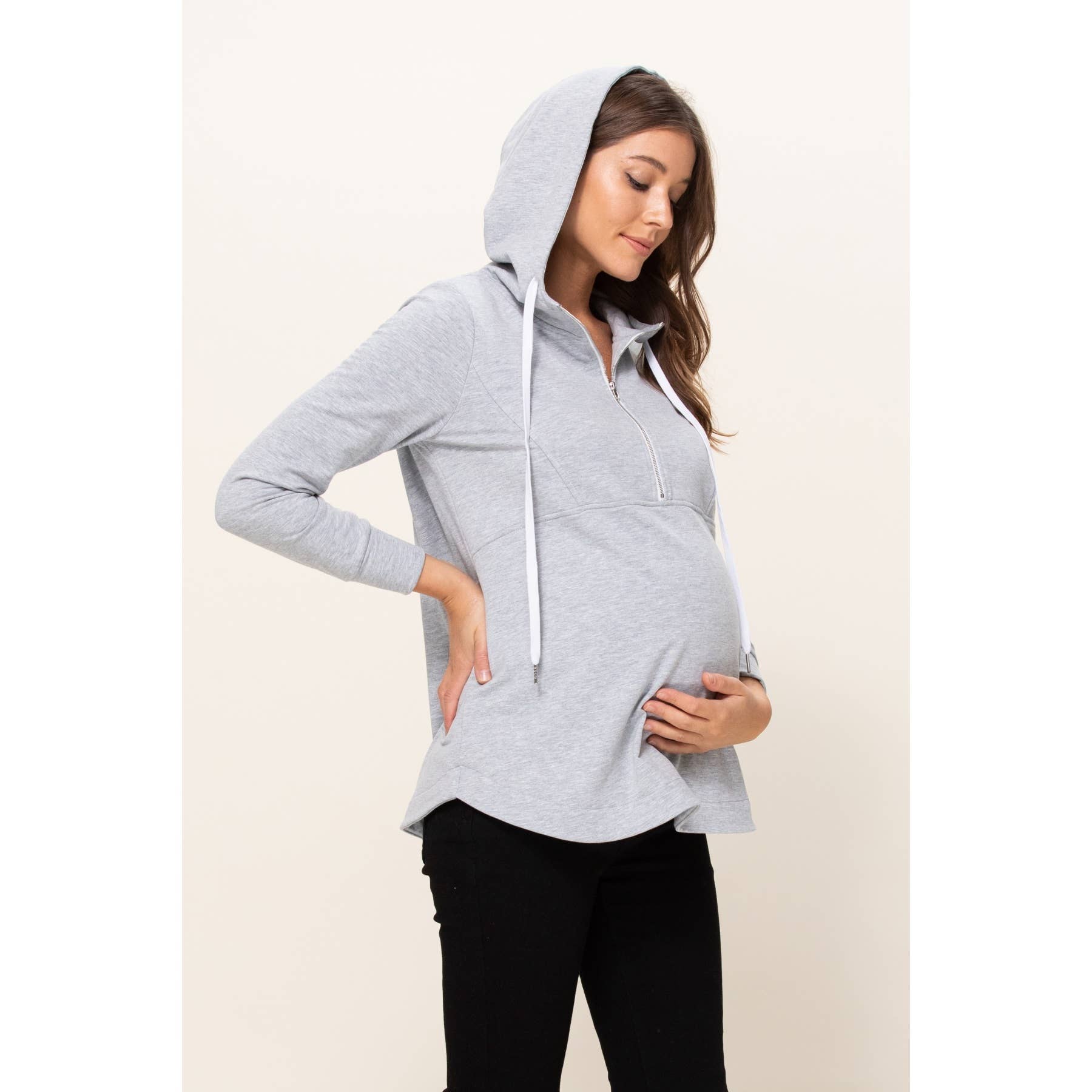 Heather Grey French Terry Half-Zip Maternity Nursing Hoodie