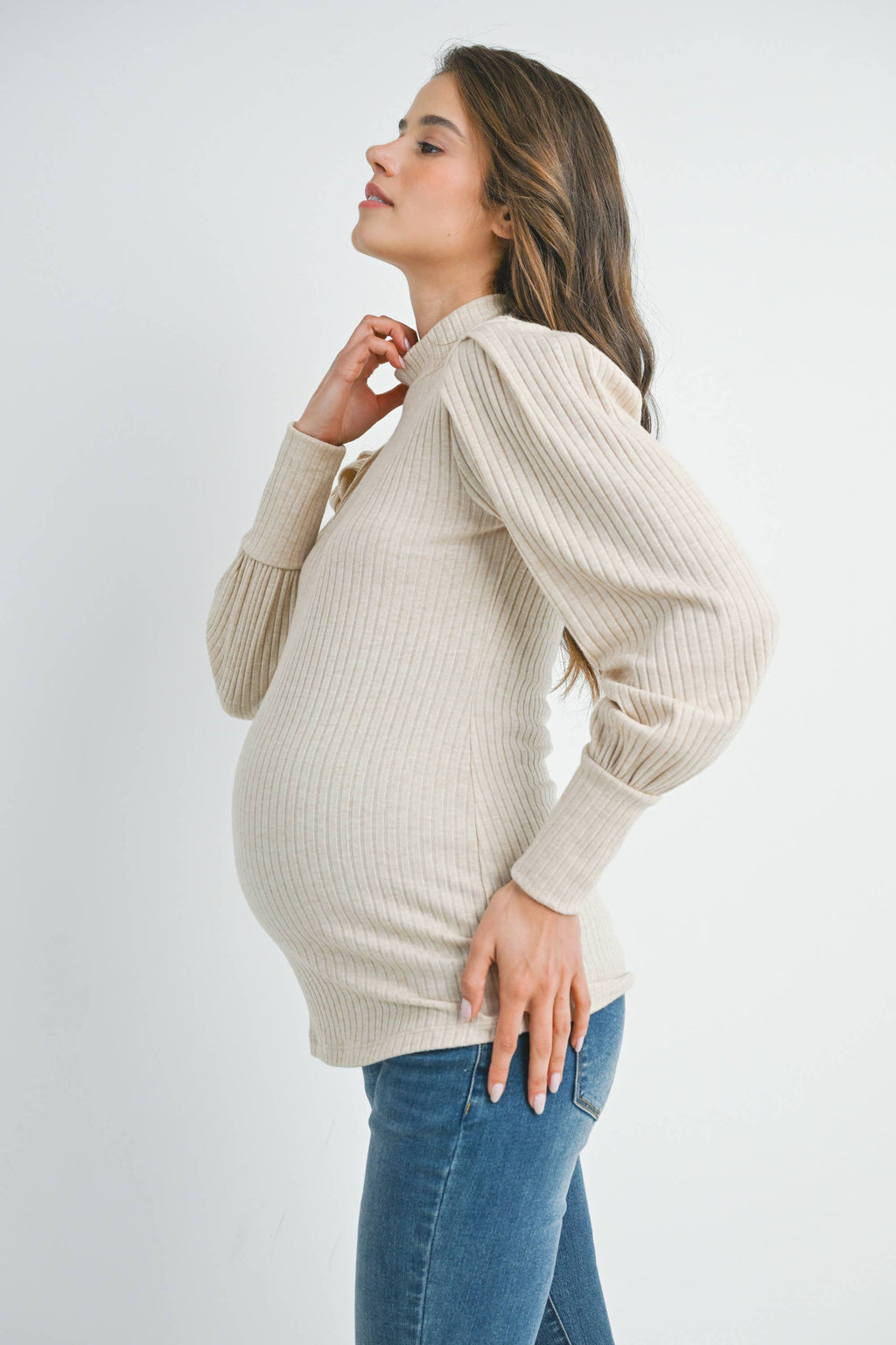 Oatmeal Ribbed Mock Neck Puff Sleeve Maternity Top