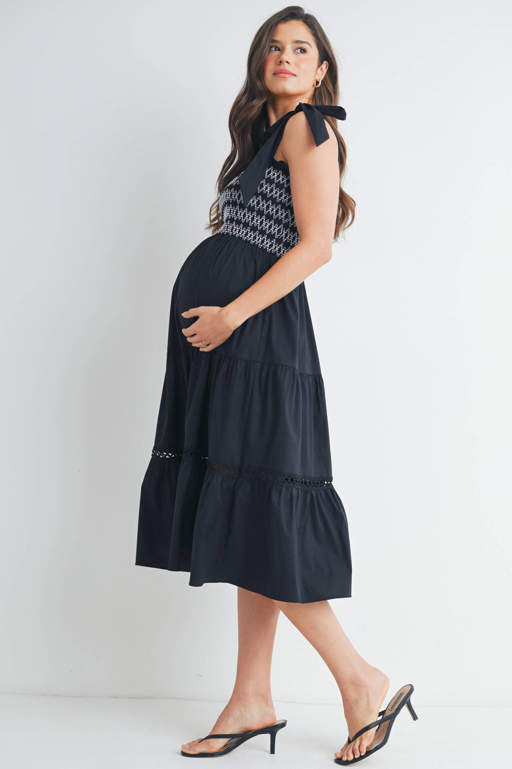 Black Smocked Tie-Strap Maternity Ruffle Midi Dress