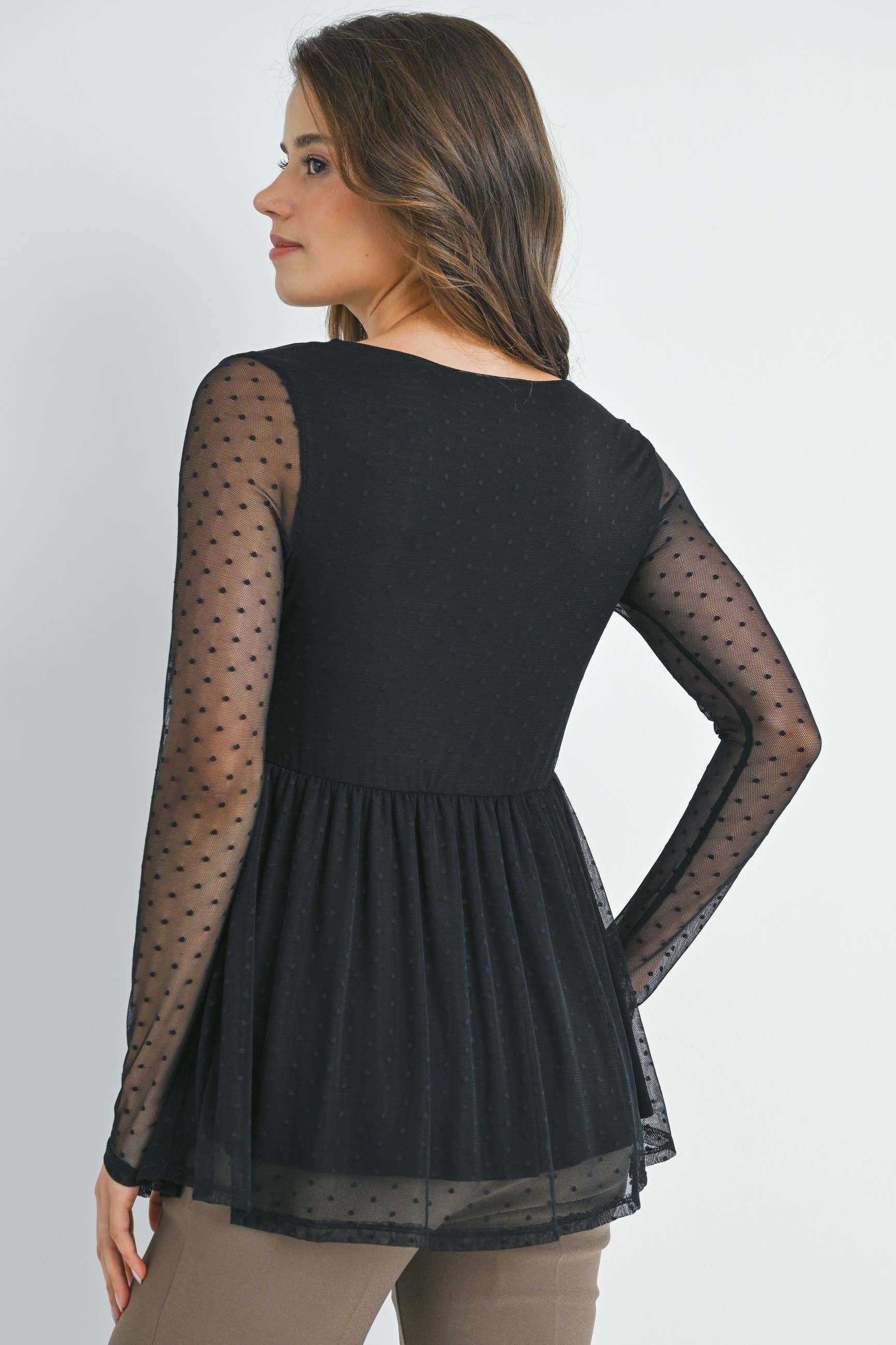 Black Polka Dot Mesh Sleeve Maternity Top