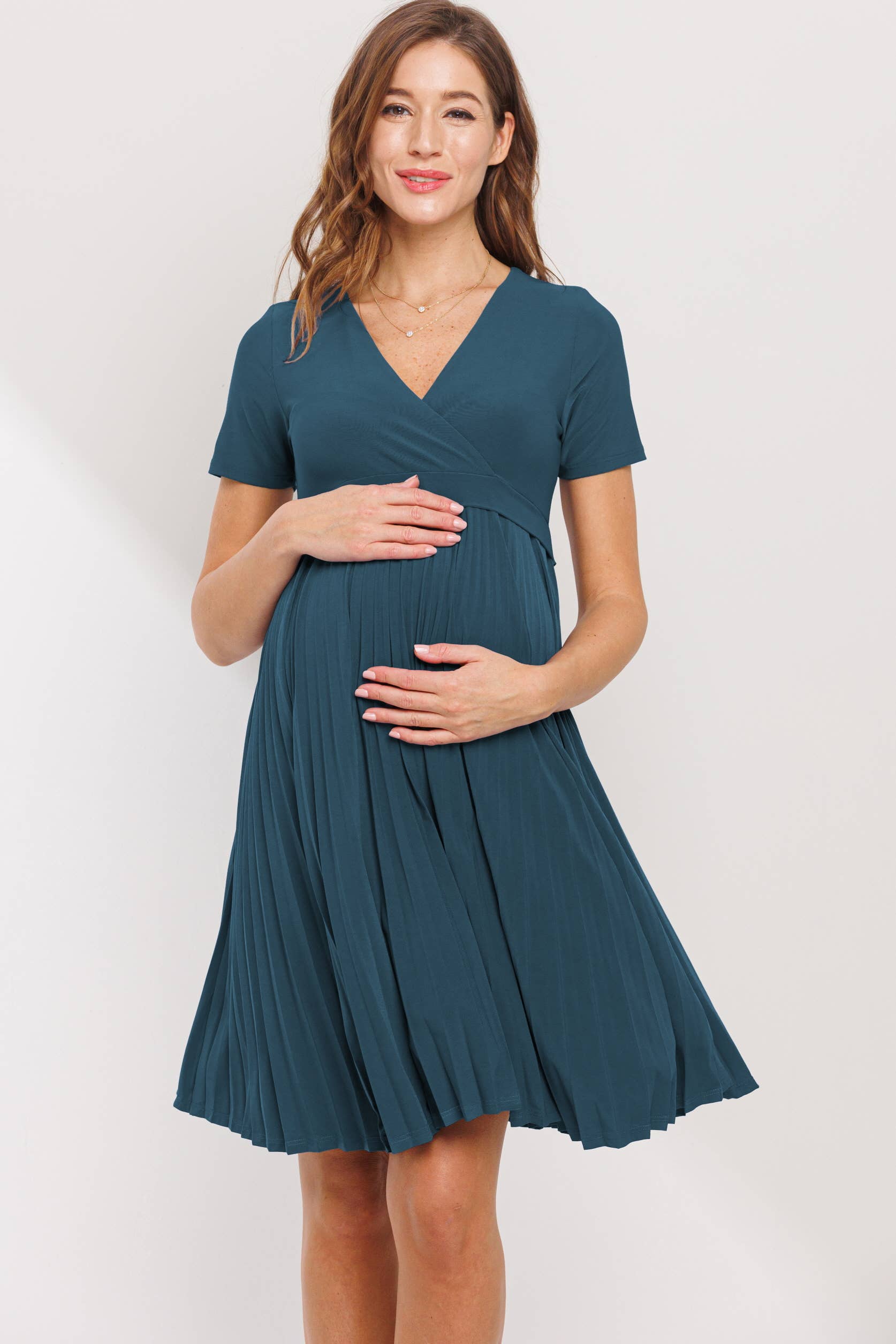 Teal Short Sleeve Maternity Faux Wrap Nursing Dress