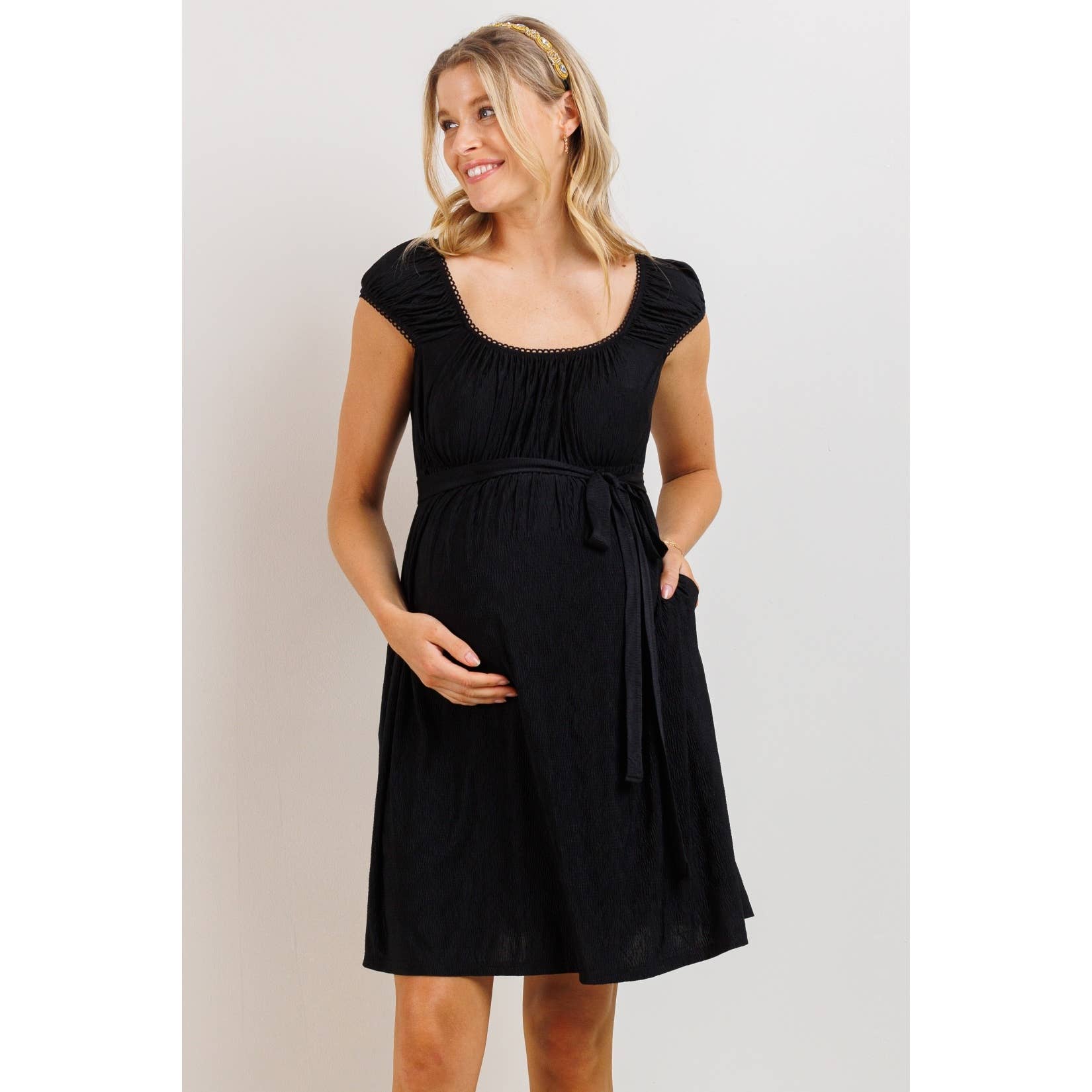 Black Lace Trim Cap Sleeve Maternity Babydoll Dress