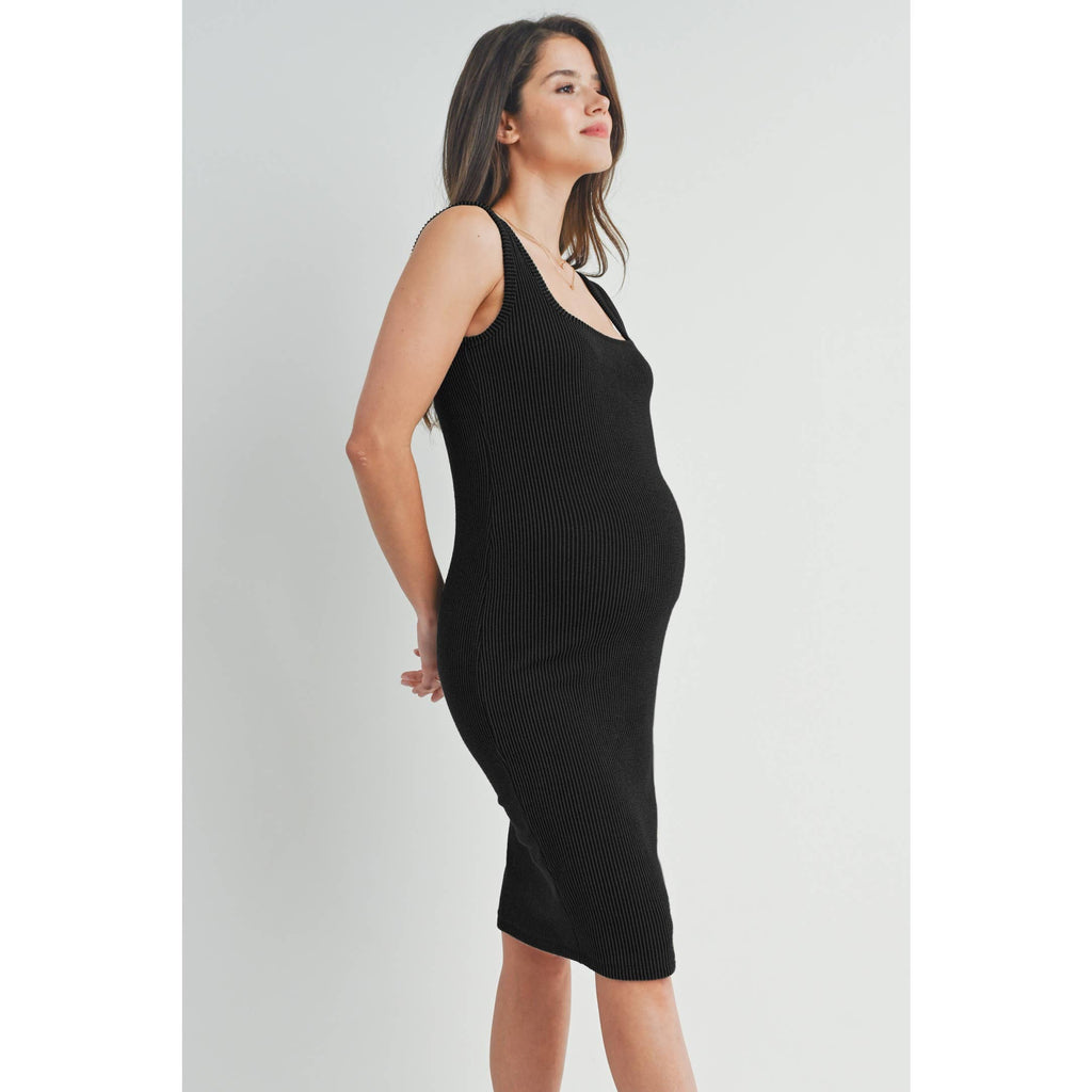 Black Square Neck Fitted Maternity Ribbed Midi Dress