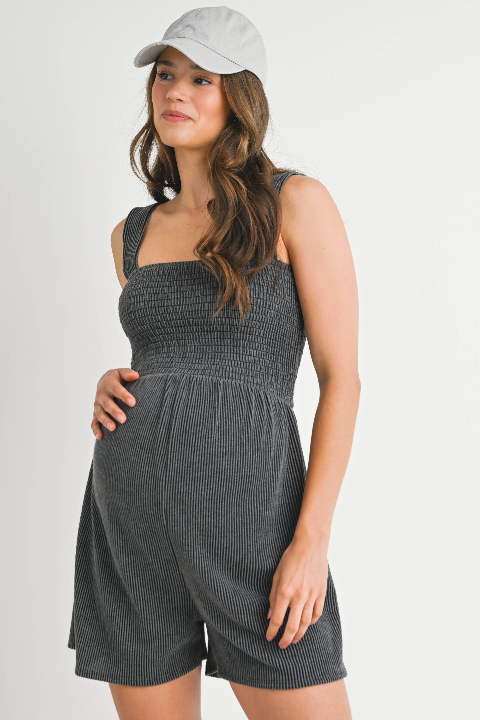 Charcoal Ribbed Smocked Bodice Maternity Romper