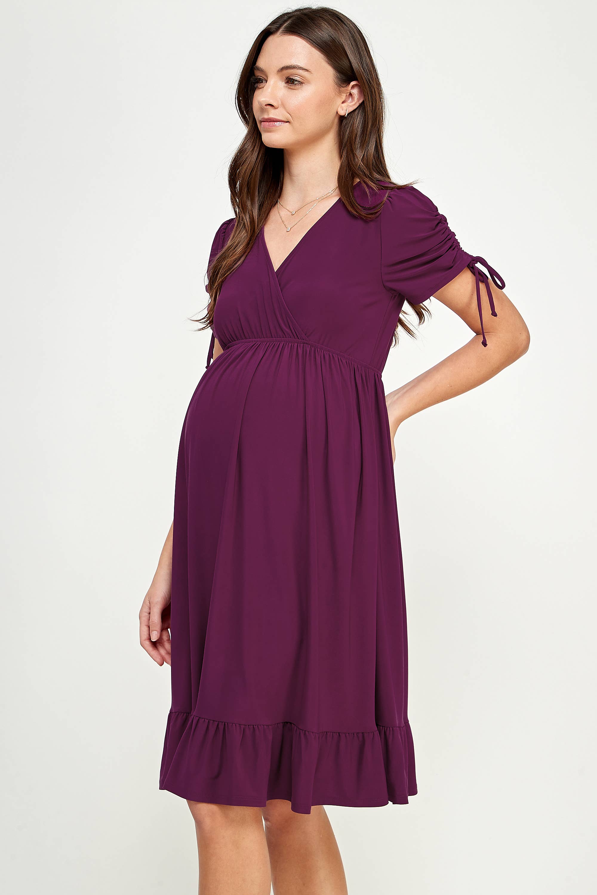 Magenta Ruffle Hem Maternity Dress with Surplice Neckline
