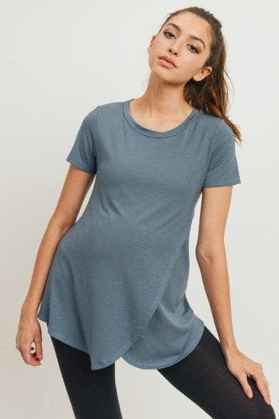 Sea Blue Solid Short Sleeve Tulip Hem Maternity Nursing Top
