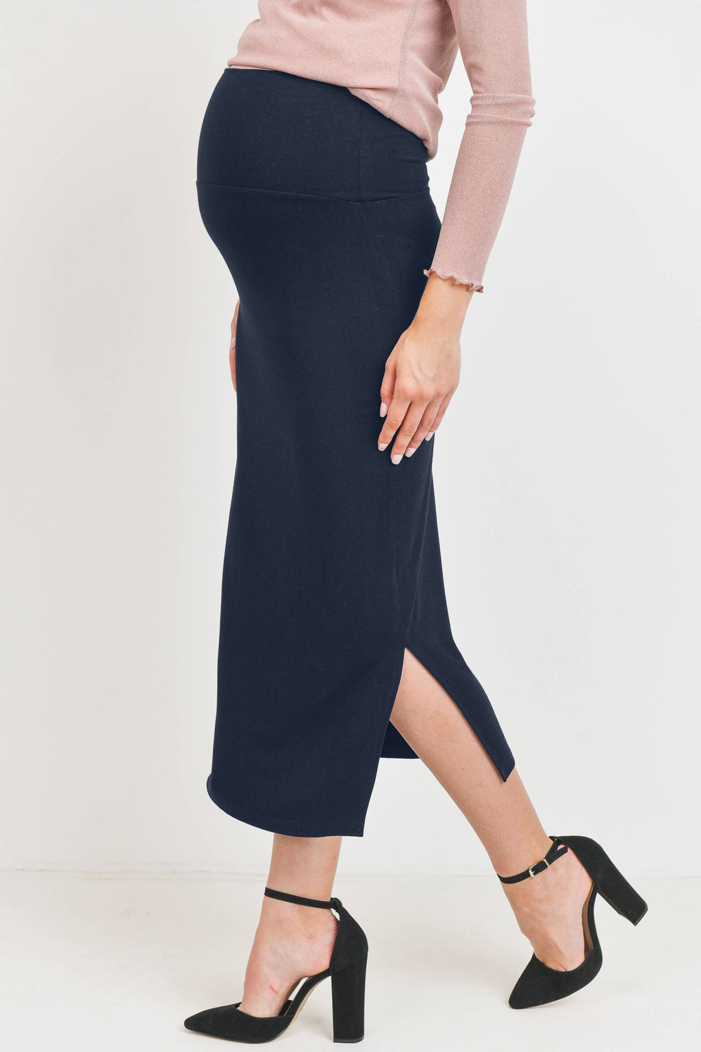 Black High-Waisted Maternity Midi Slit Skirt