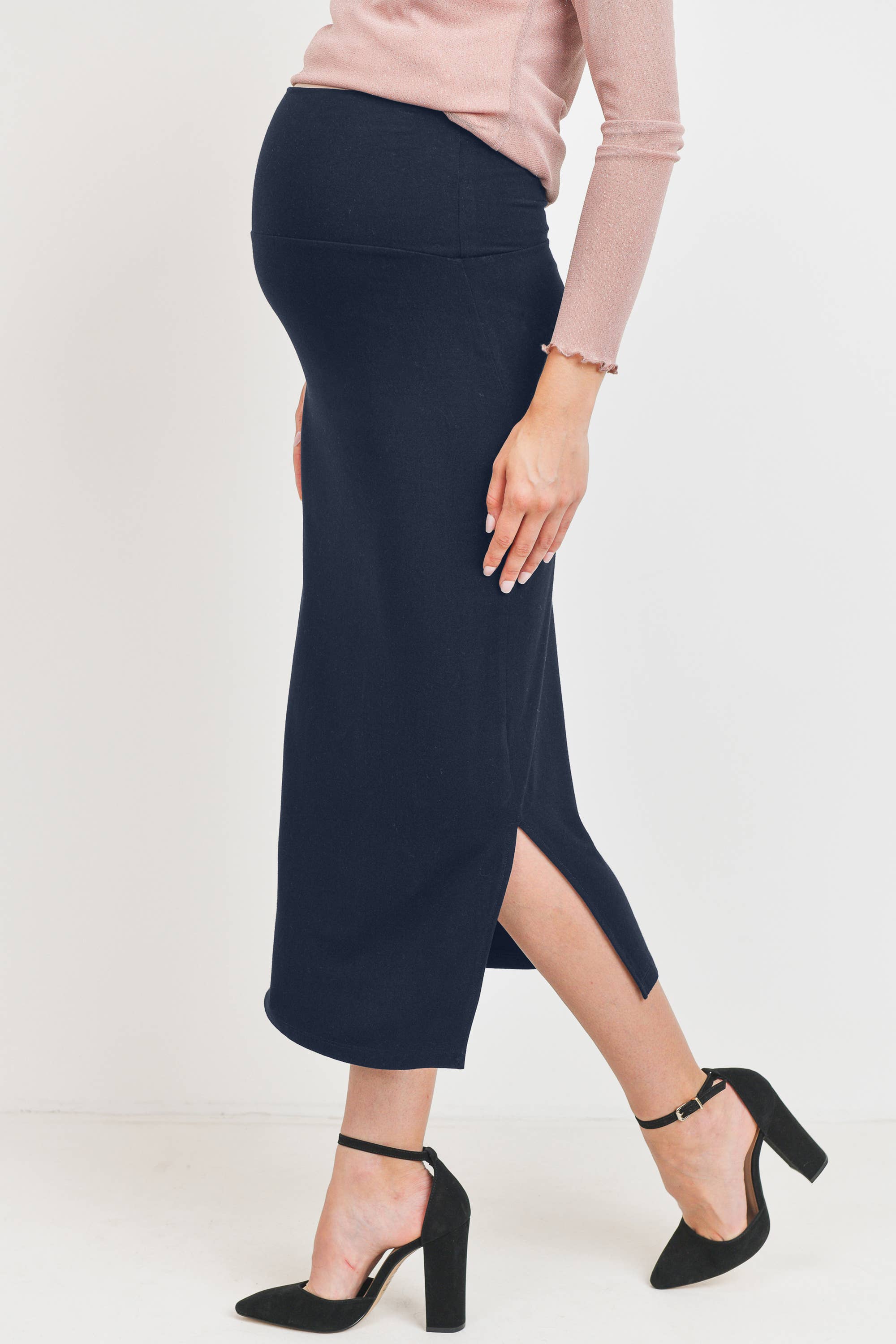 Black High-Waisted Maternity Midi Slit Skirt