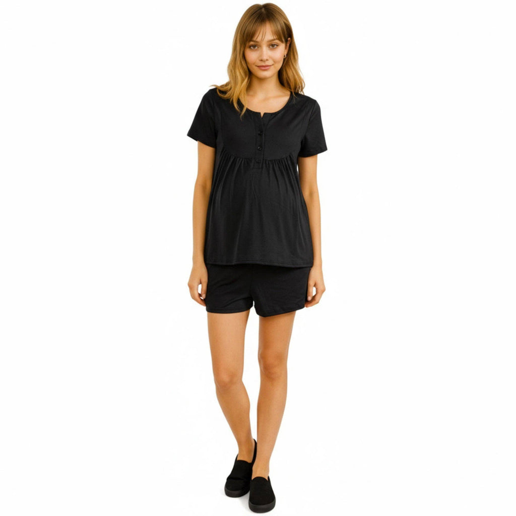 Black 2-Piece Maternity Pajama Set with Short Sleeve Henley Top