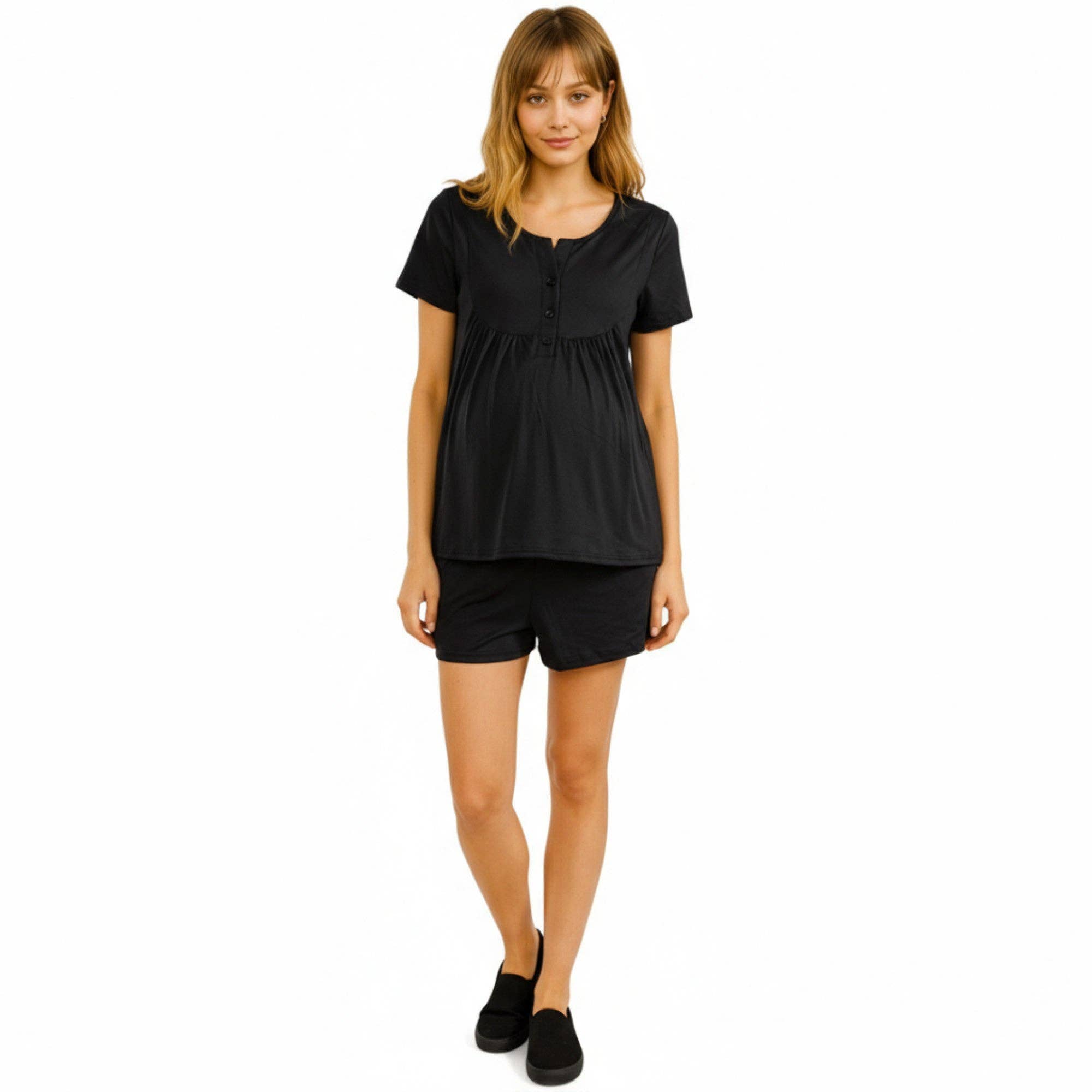 Black 2-Piece Maternity Pajama Set with Short Sleeve Henley Top