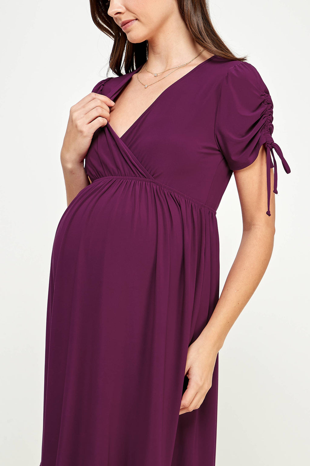 Magenta Ruffle Hem Maternity Dress with Surplice Neckline