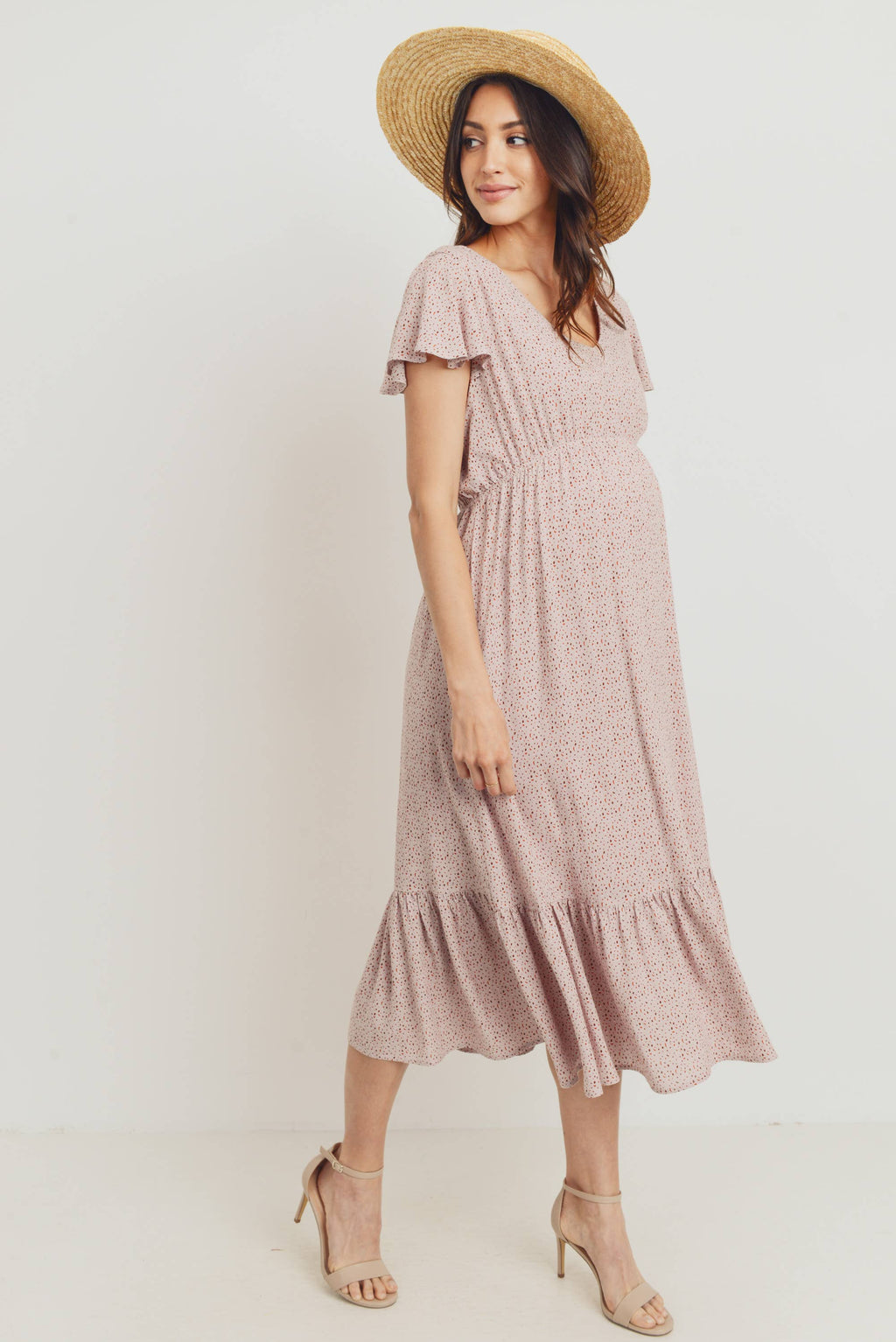 Pink Flutter Sleeve V-Neck Maternity Ruffle Midi Dress