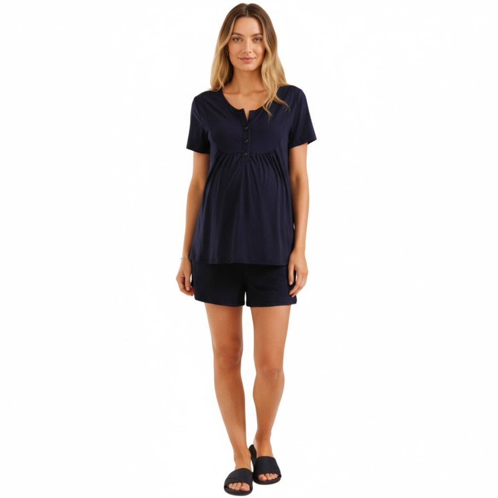 Black 2-Piece Maternity Pajama Set with Short Sleeve Henley Top